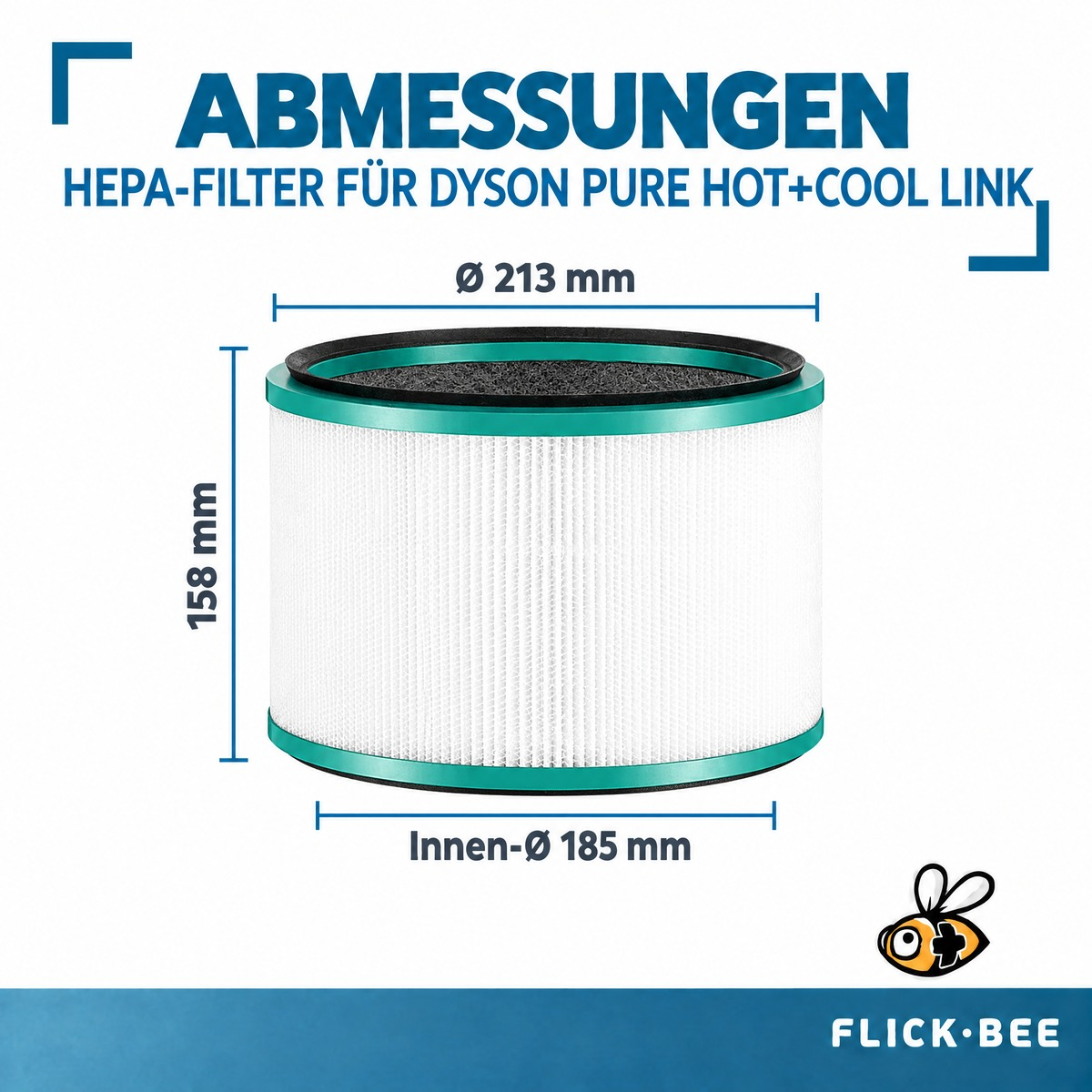 Technische Zeichnung zeigt die Maße des runden HEPA-Filters mit 213 mm Durchmesser und 158 mm Höhe.