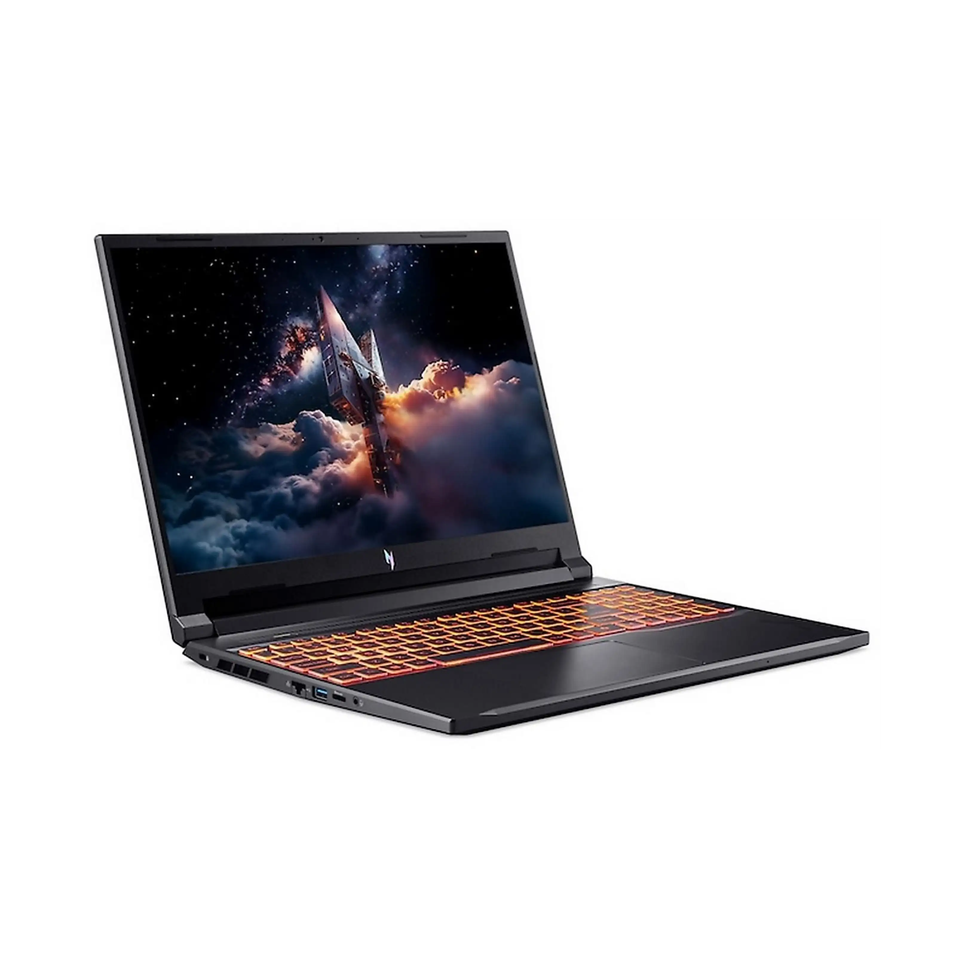 Un computer portatile da gioco nero con tastiera retroilluminata arancione e uno sfondo spaziale.