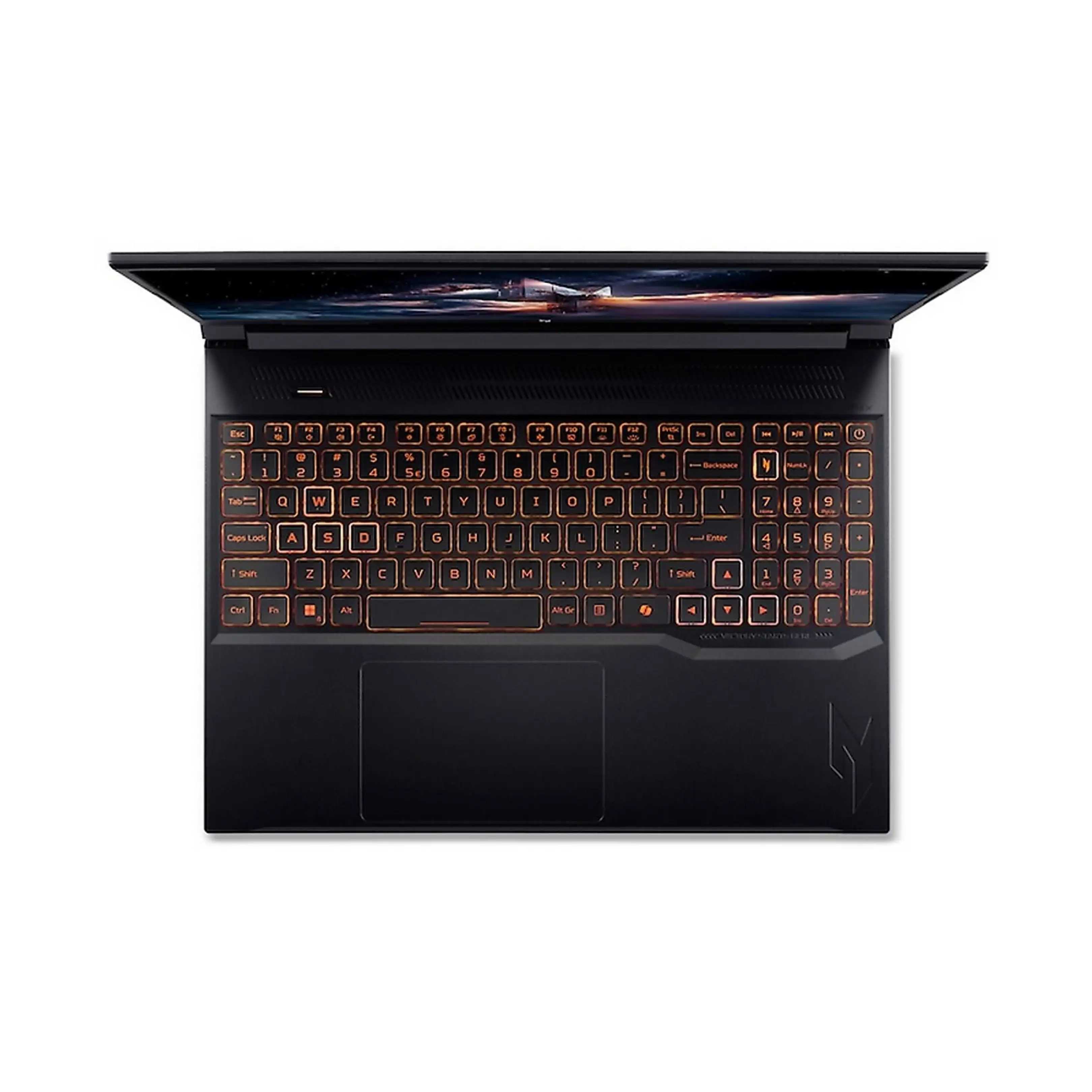Vista dall'alto di un computer portatile nero con tasti retroilluminati arancioni.