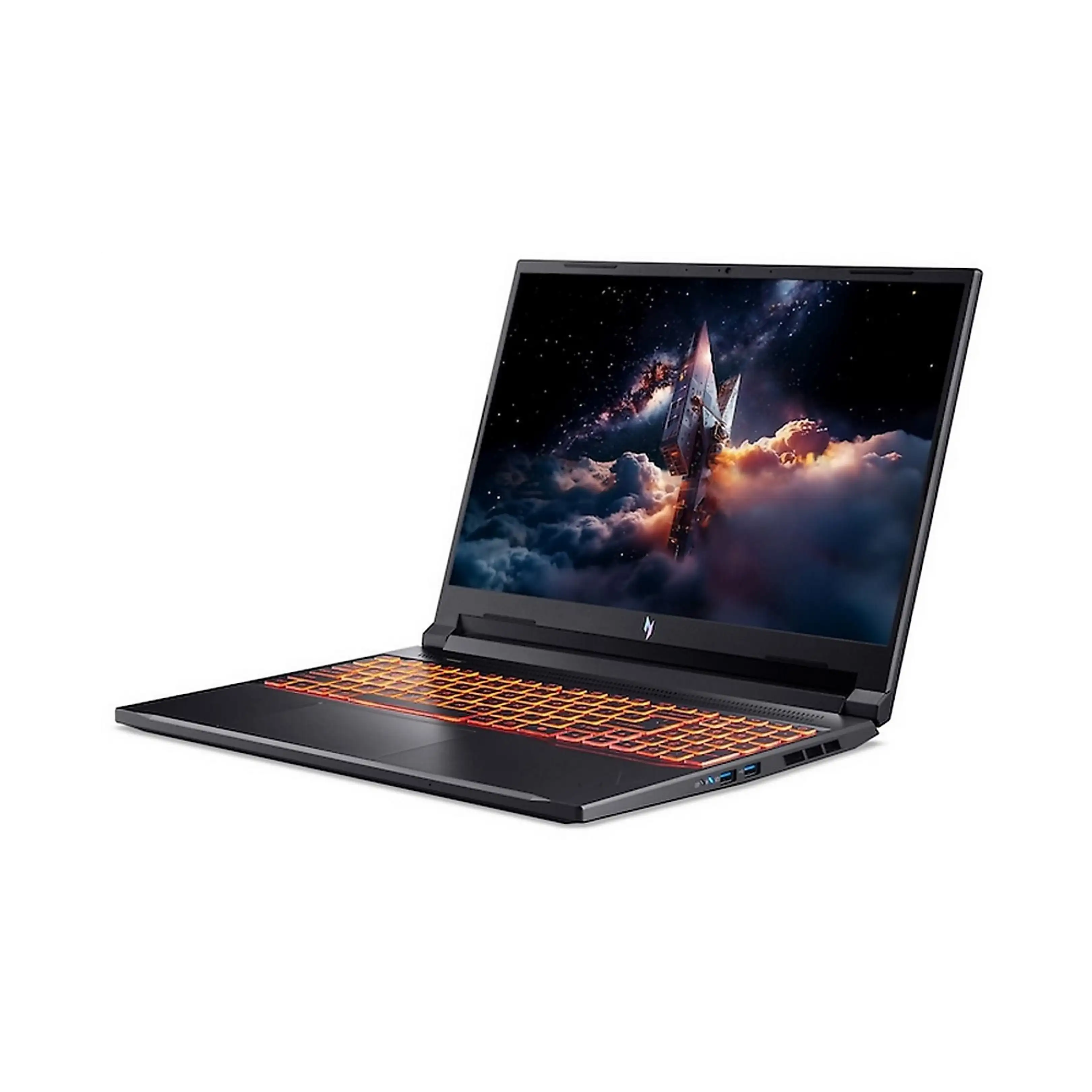 Un laptop da gioco nero con tastiera arancione luminosa e sfondo spaziale.