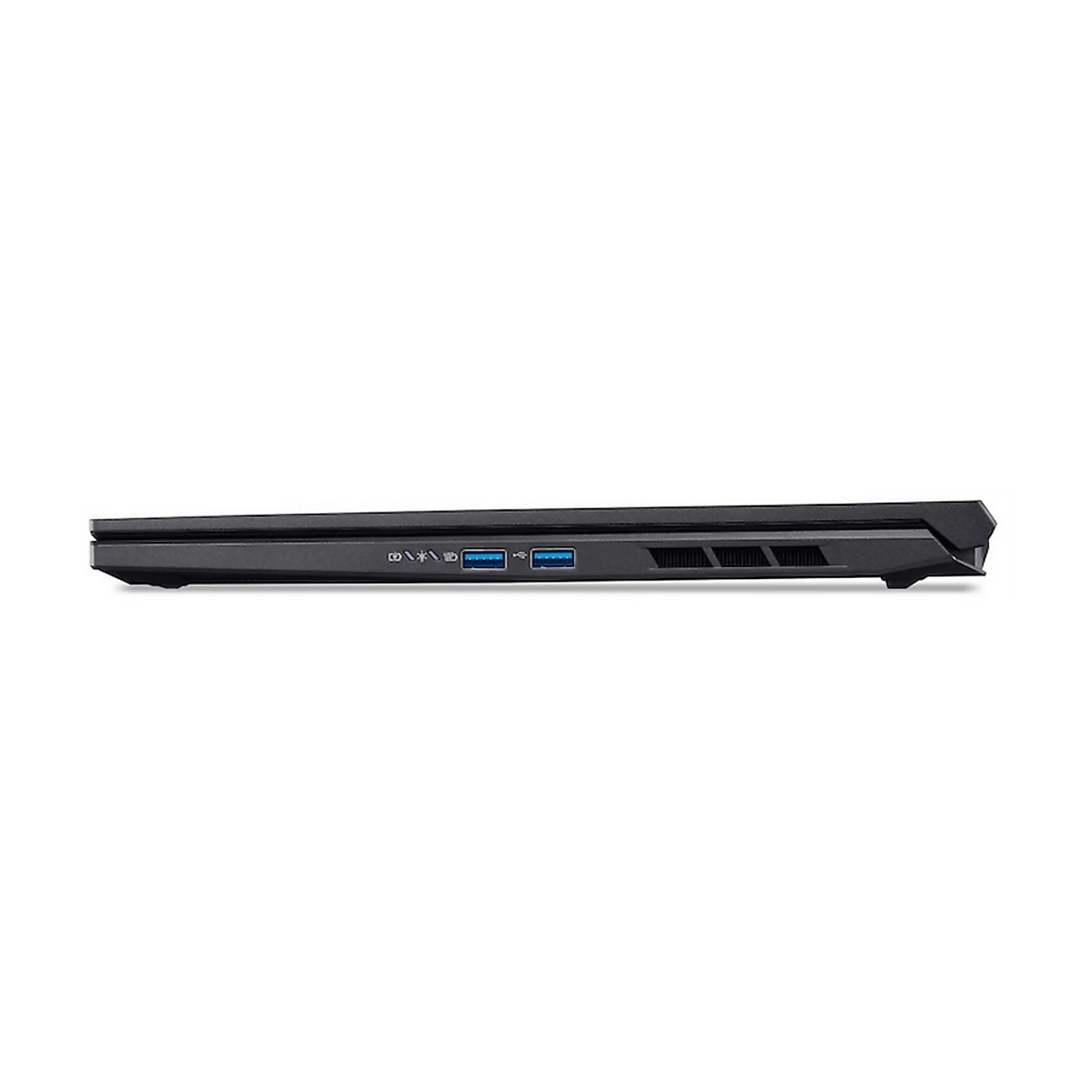 Vista laterale di un laptop nero che mostra due porte USB, spie di stato e feritoie di ventilazione.