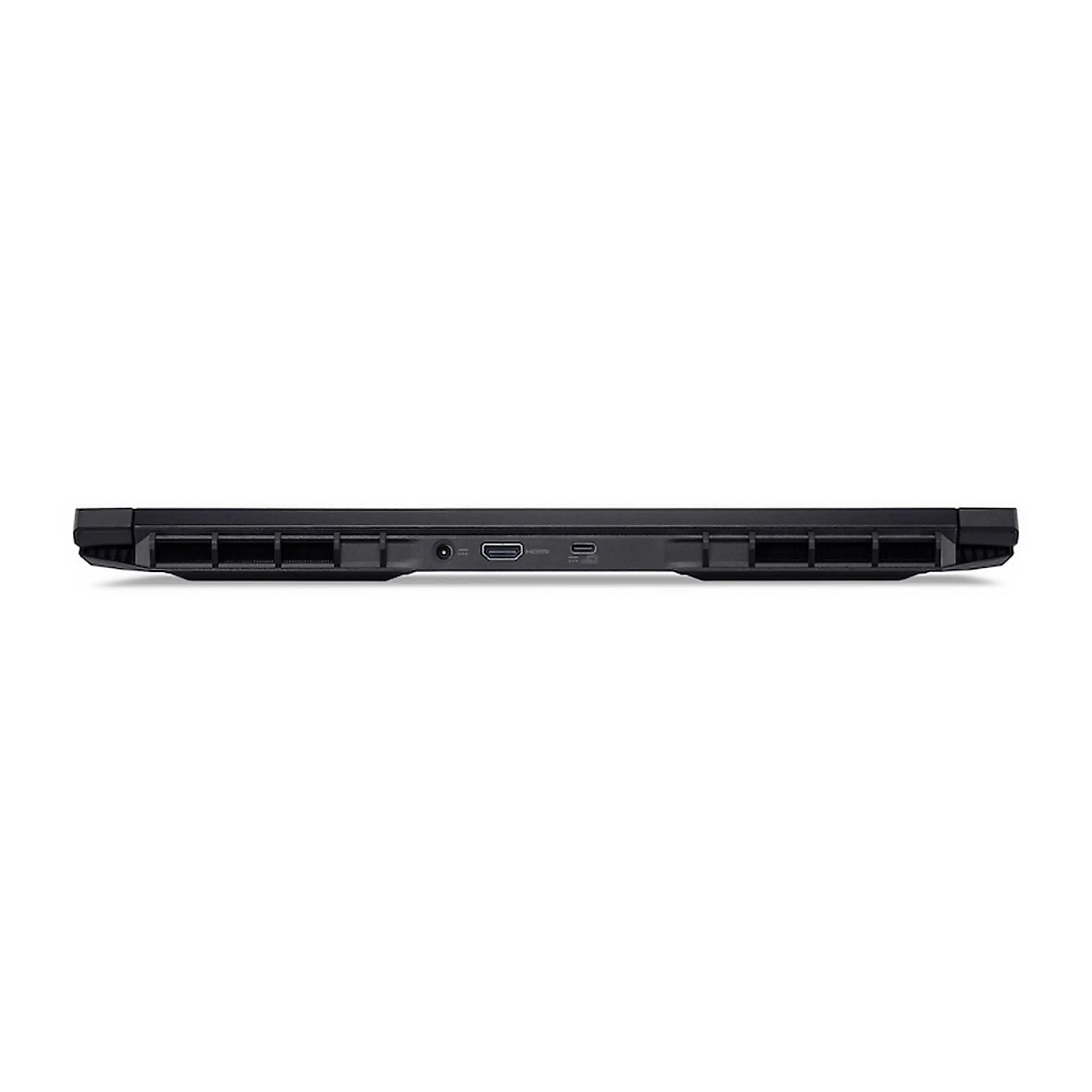 Vista posteriore di un laptop nero con porte HDMI e USB-C al centro e prese d'aria laterali.