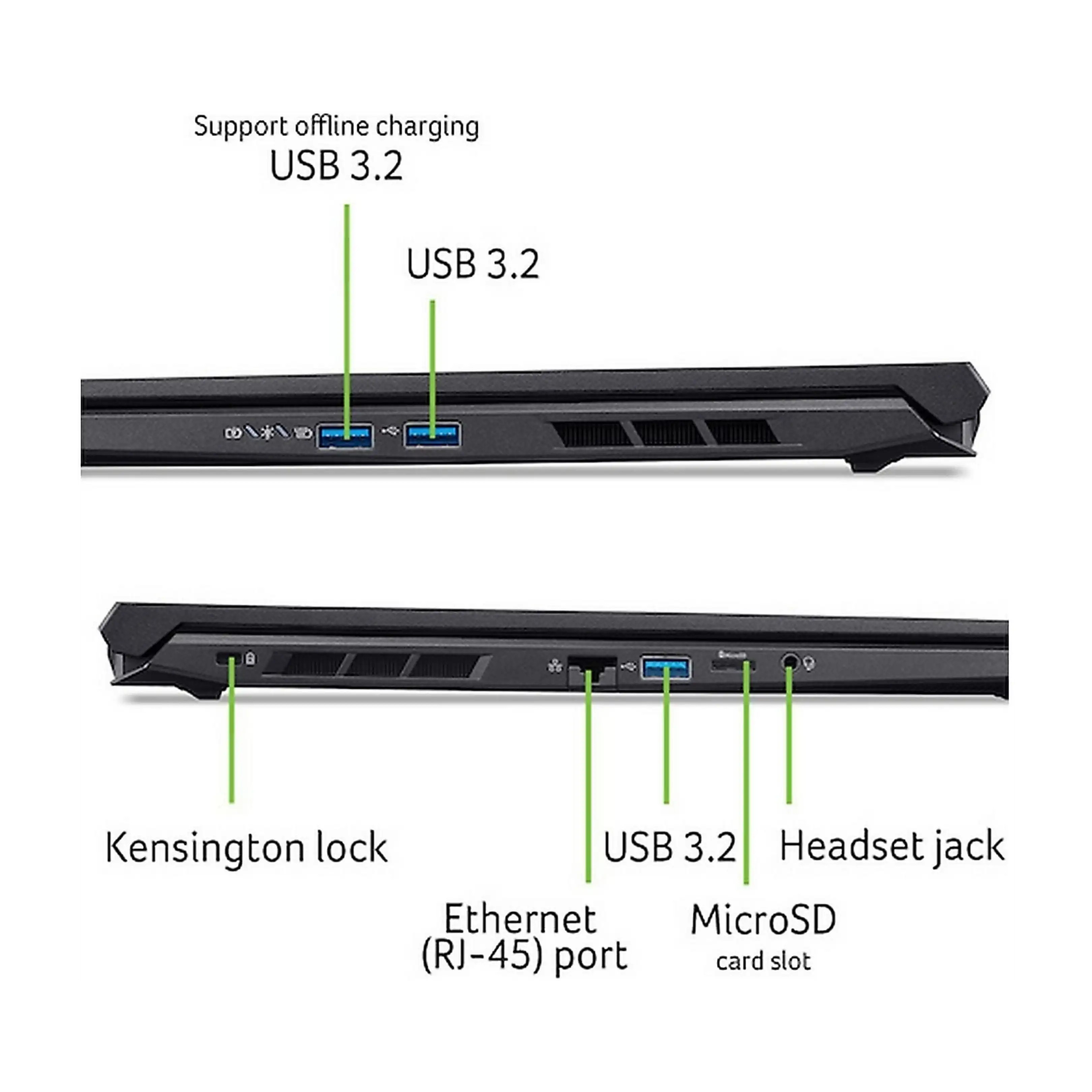 Viste laterali di un laptop che mostrano porte USB 3.2, Ethernet, MicroSD e cuffie, oltre al blocco Kensington.