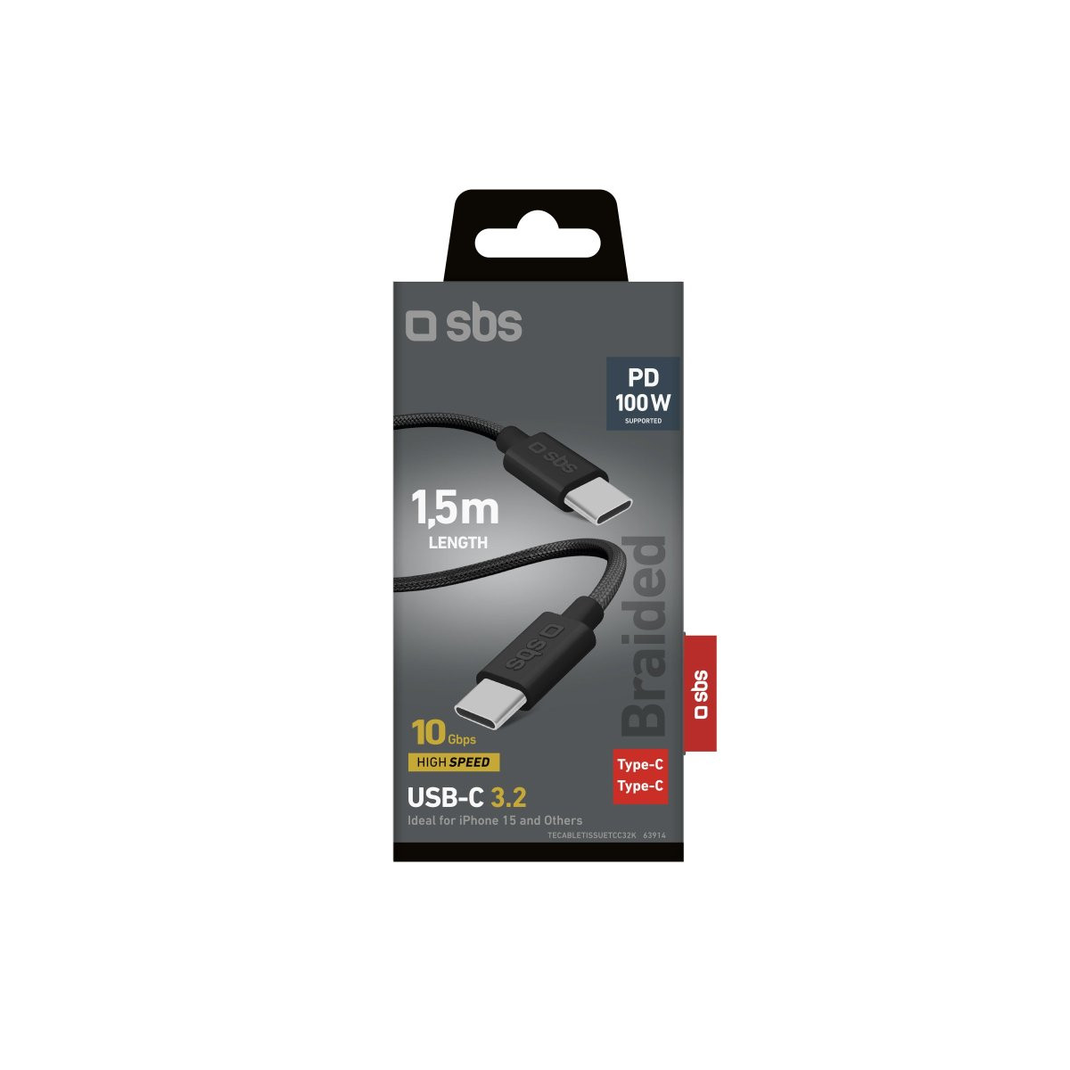 Embalaje para un cable USB-C 3.2 trenzado de 1,5 m de sbs, con soporte PD de 100 W.