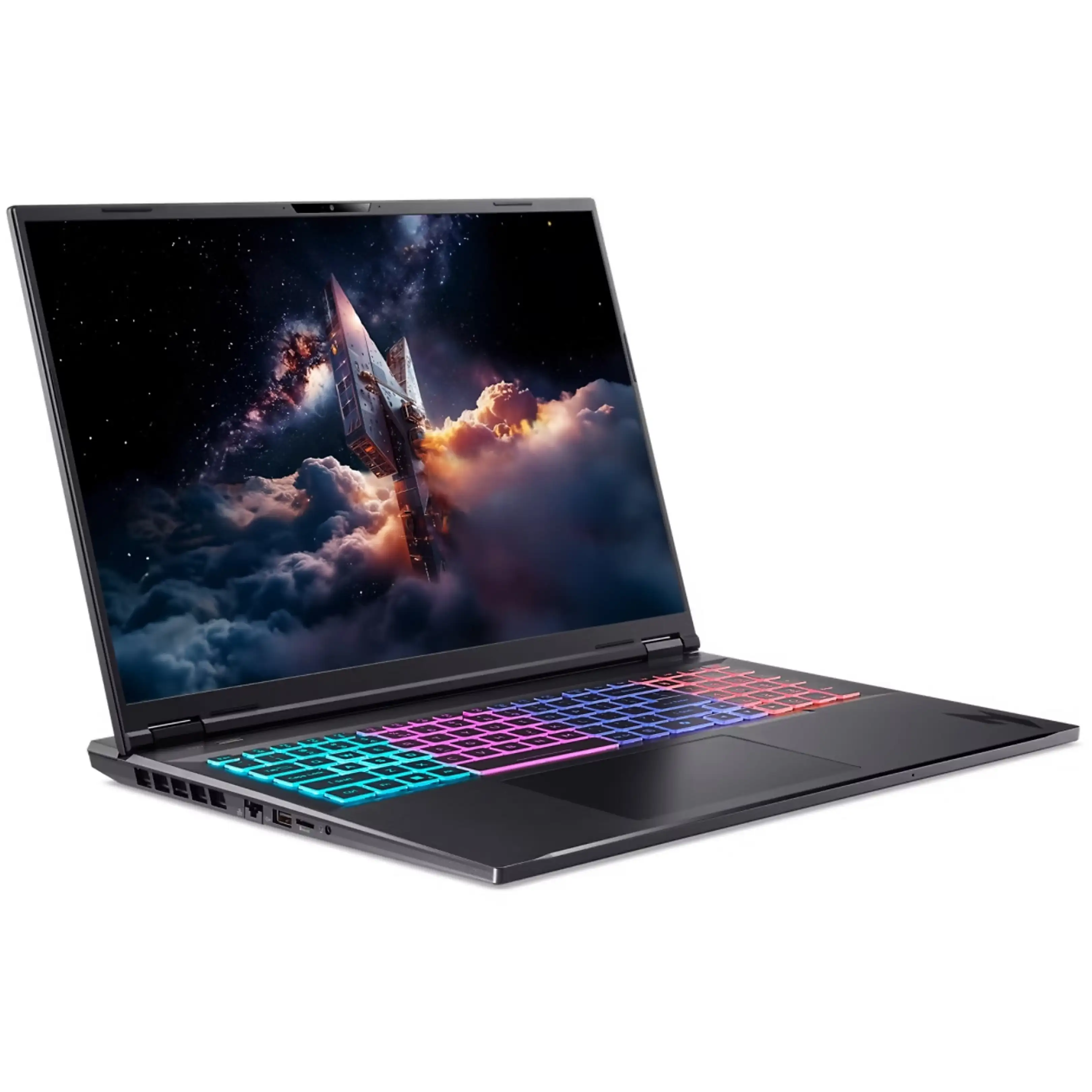 Un computer portatile nero con tastiera retroilluminata RGB mostra uno sfondo spaziale.