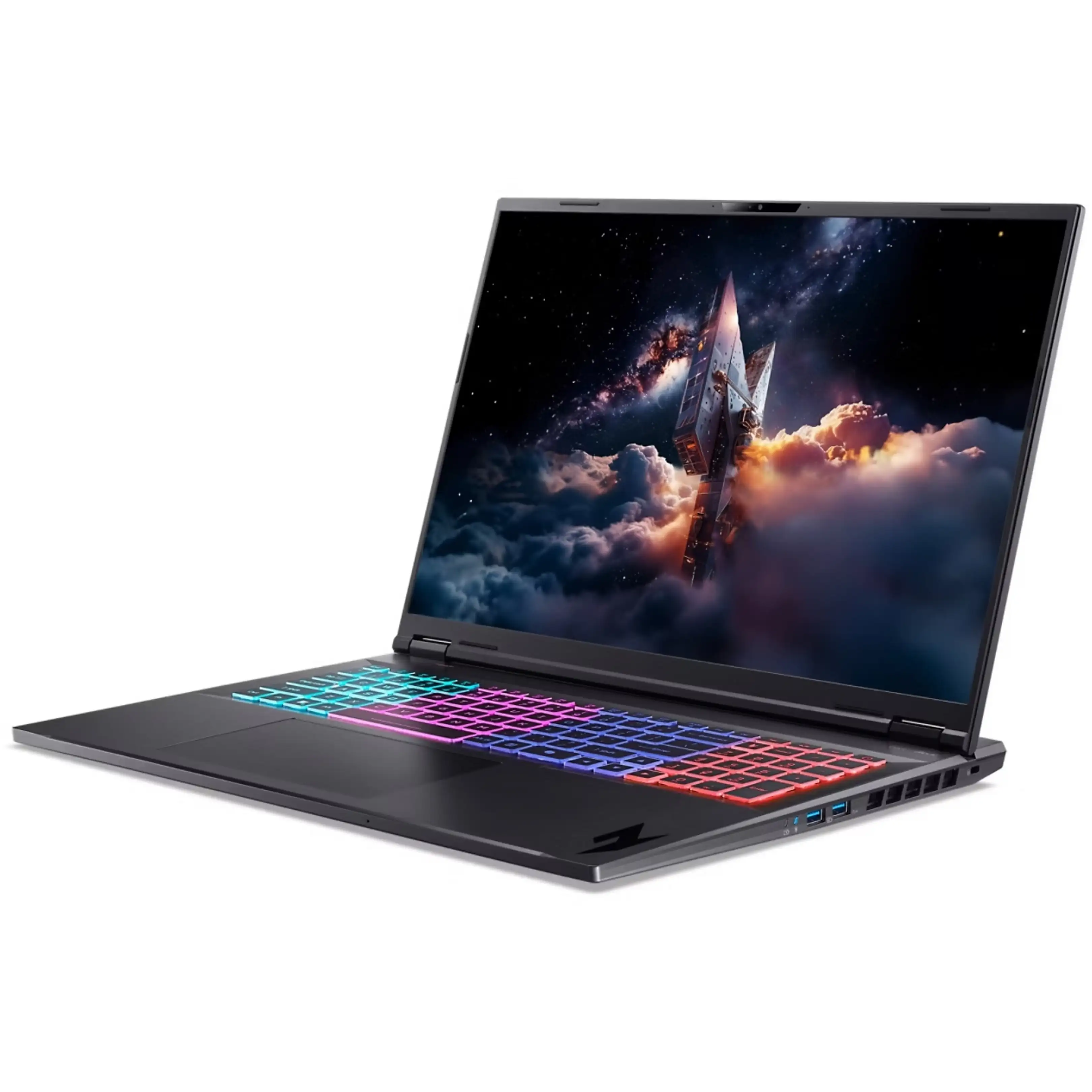 Un laptop da gioco nero con tastiera retroilluminata colorata mostra uno sfondo galattico sullo schermo.