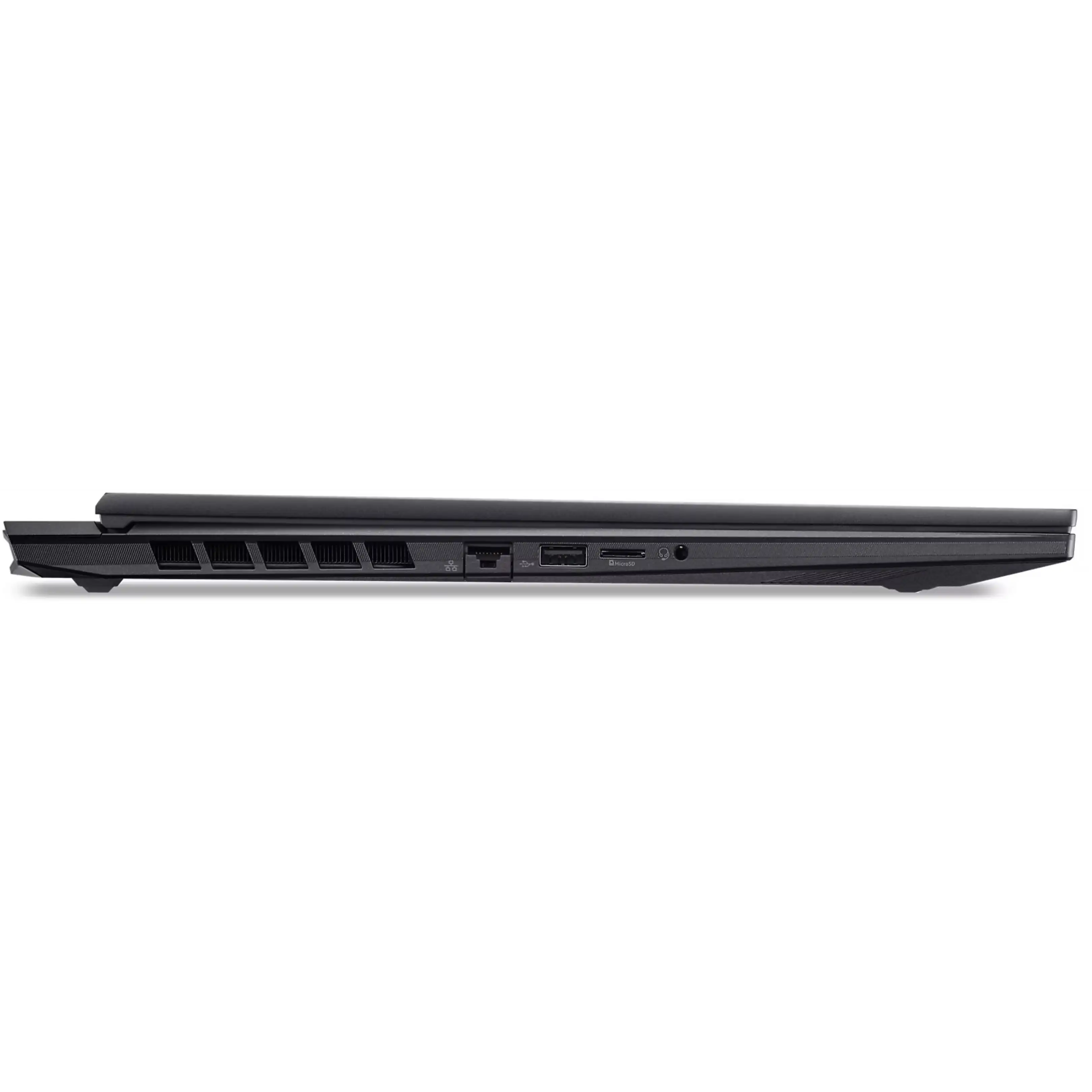 Lato sinistro di un laptop nero con griglie di ventilazione e porte USB, Ethernet e cuffie.