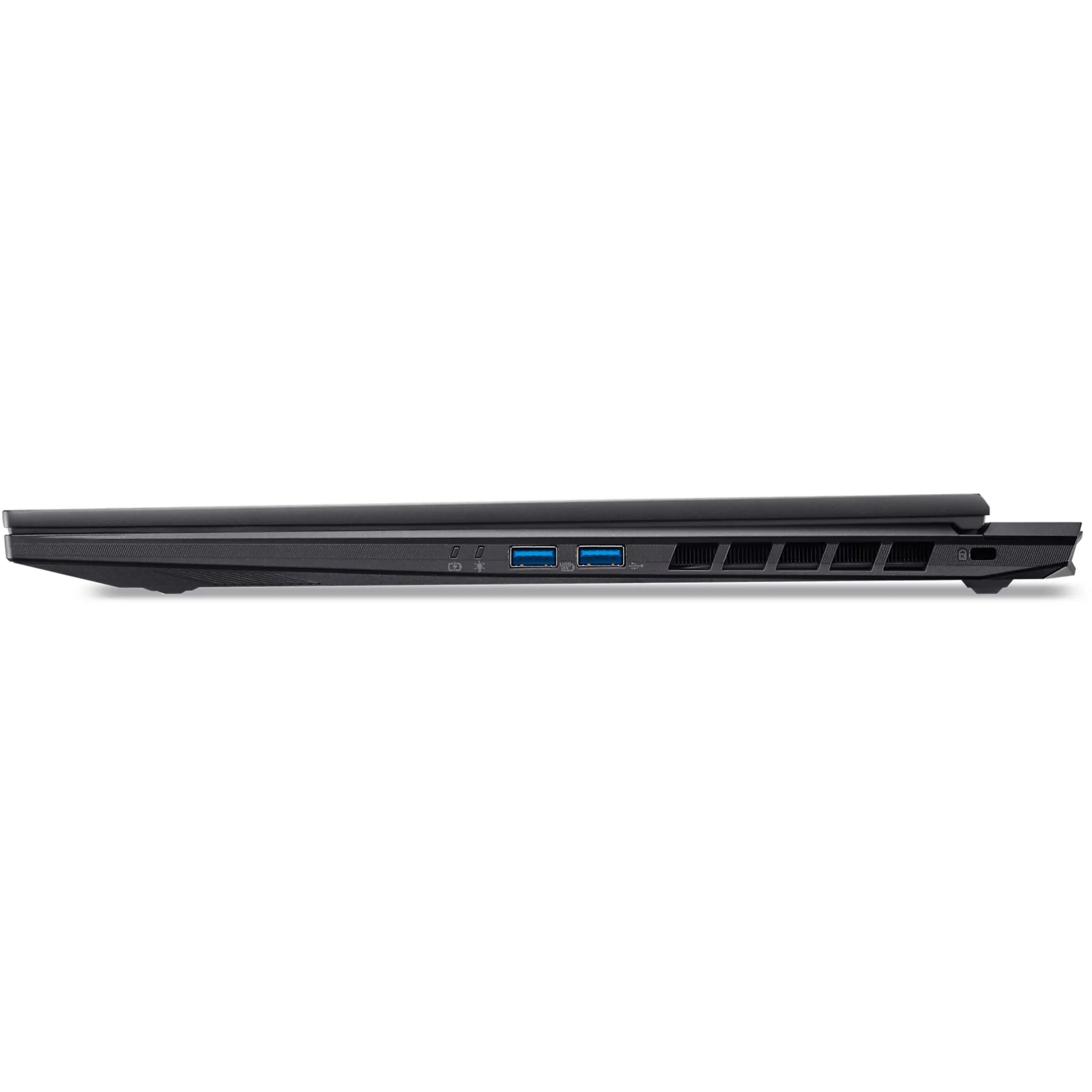 Vista laterale di un laptop nero con porte USB e prese d'aria.