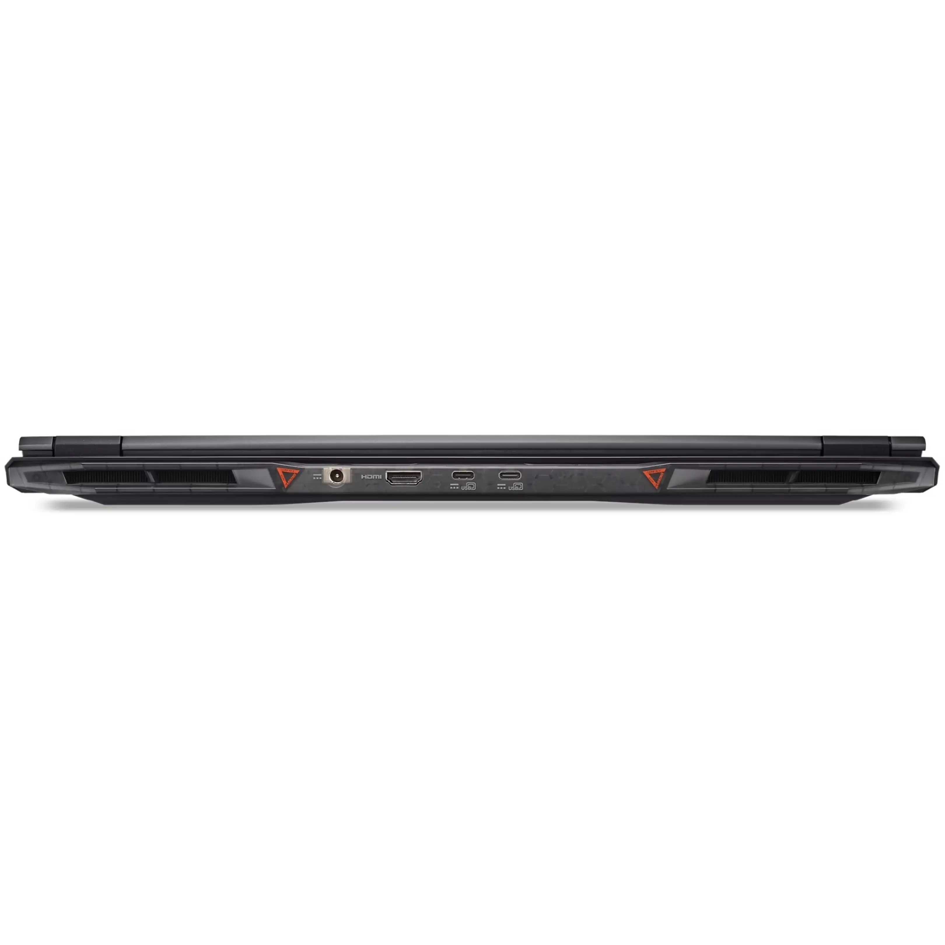 Vista posteriore di un laptop nero con porte multiple e prese di ventilazione su sfondo nero.