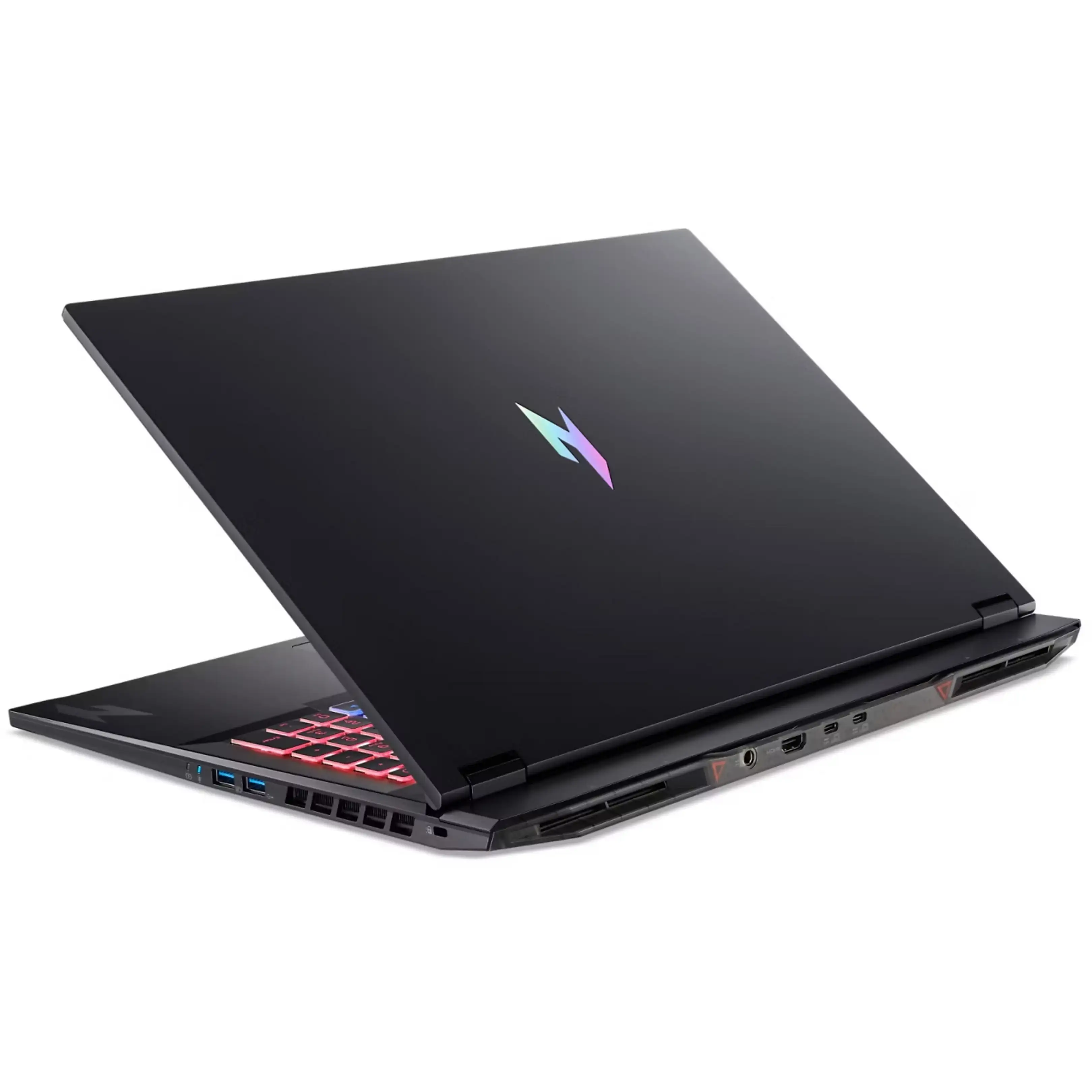 Un laptop da gioco nero con logo illuminato e tastiera retroilluminata in rosso.
