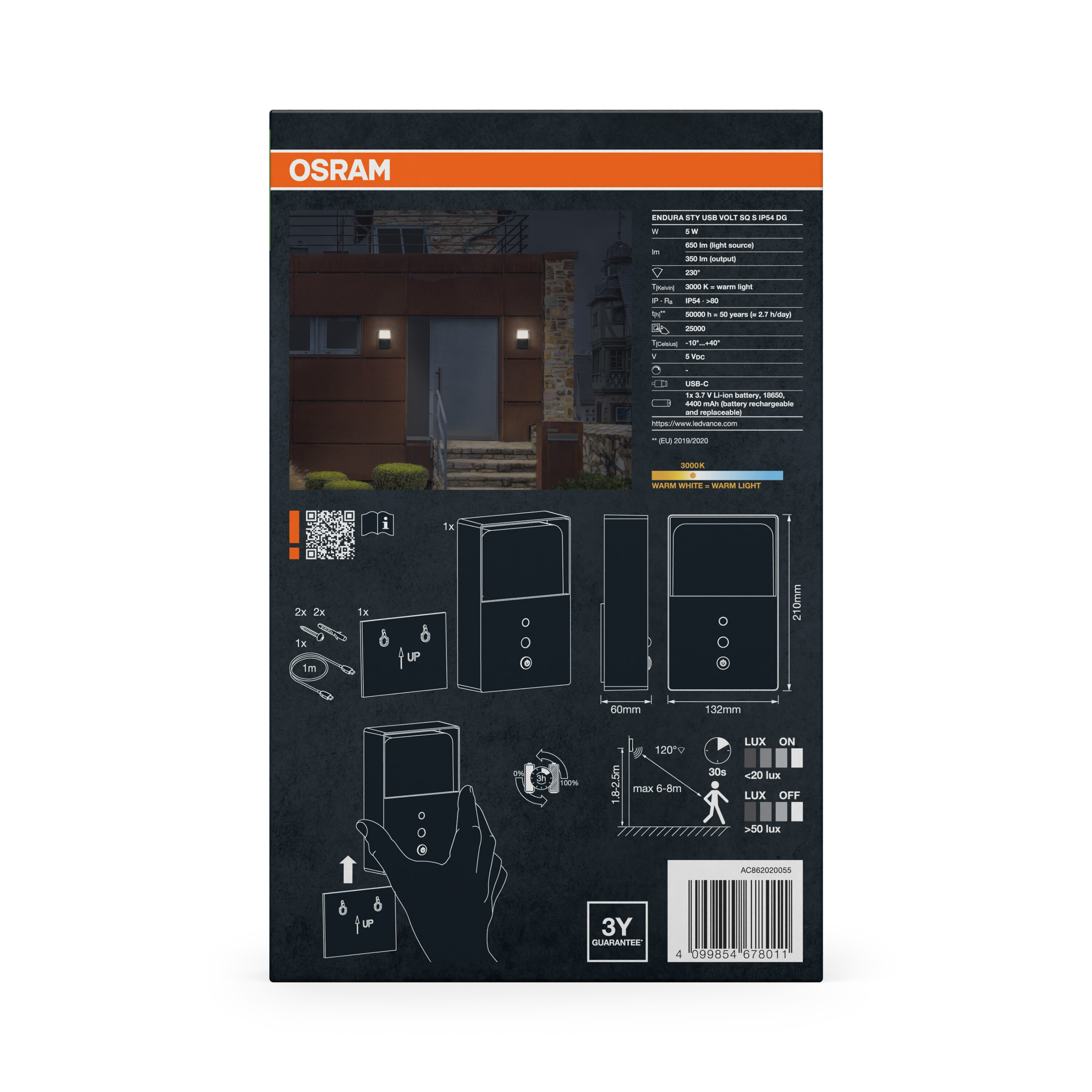 Osram LED-Lichtverpackung mit technischen Daten, Maßen, Installationsanweisungen und 3 Jahren Garantie.