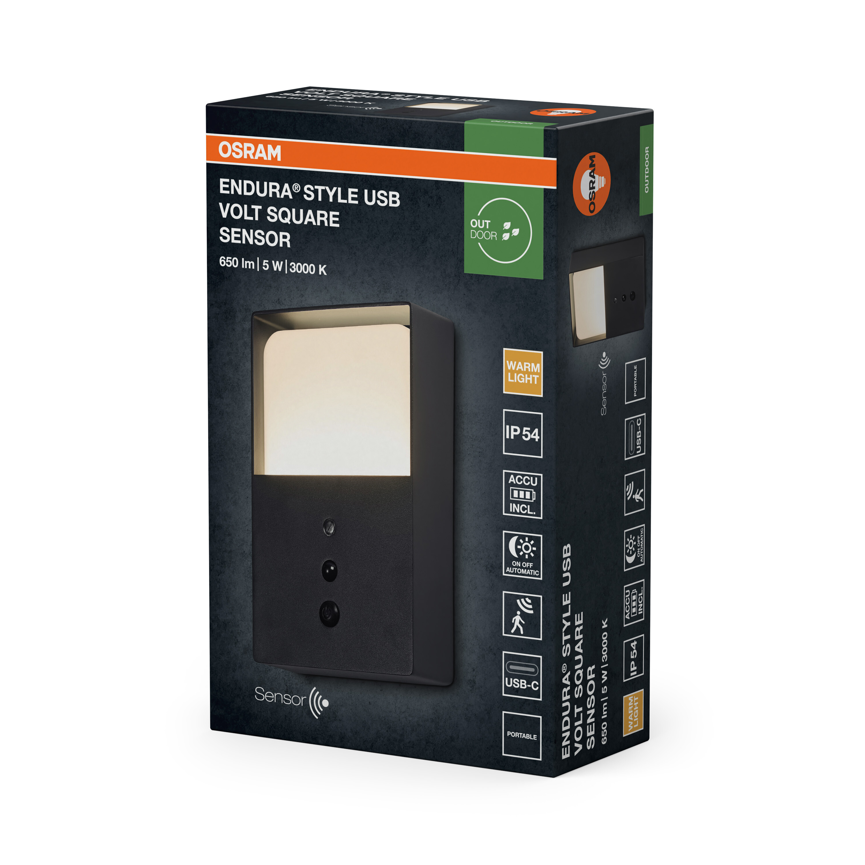Verpackung der Osram Endura Style USB Volt Square Sensor Außenleuchte mit integriertem Sensor und Akku.