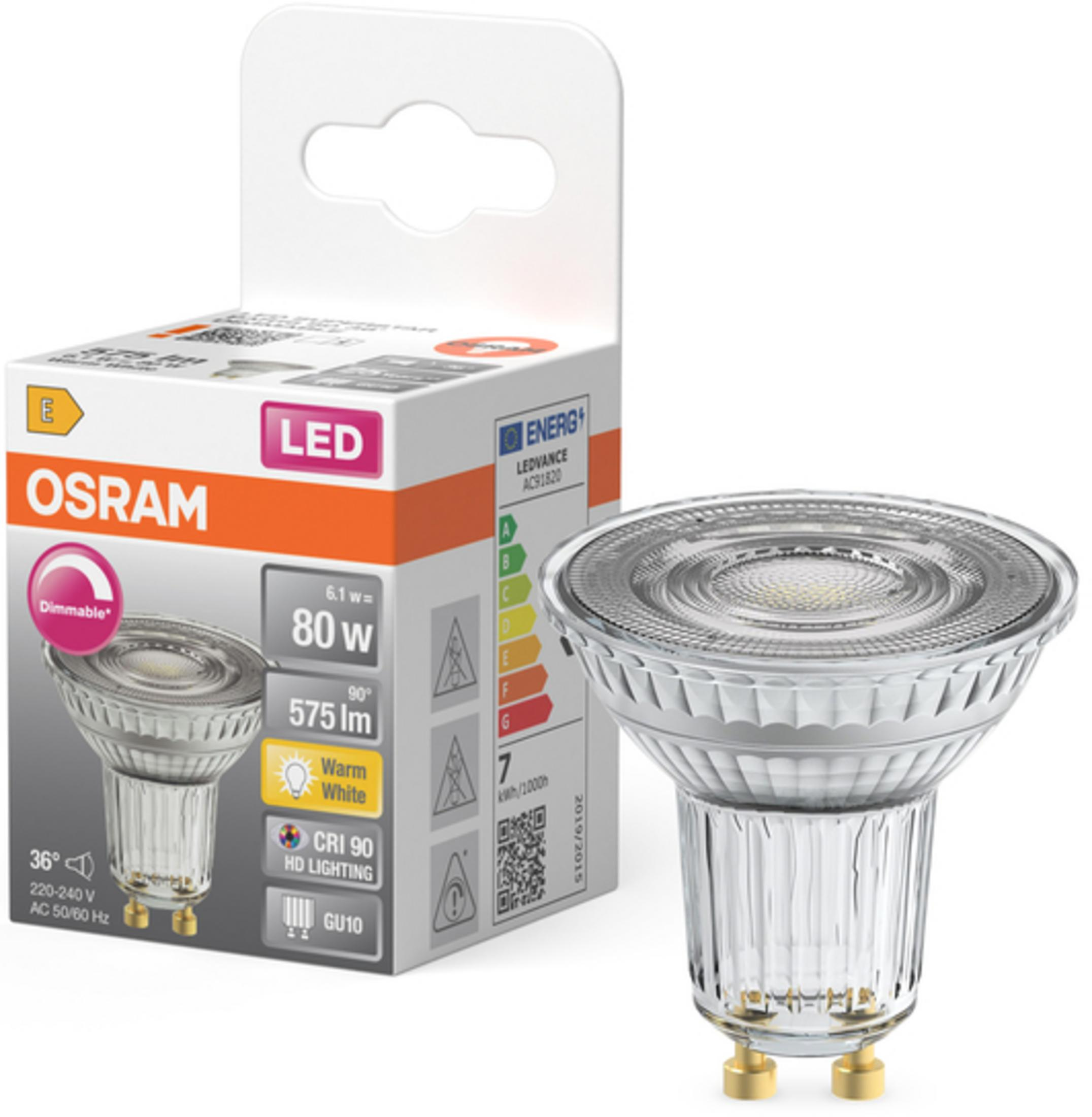 Eine Osram LED-Lampe vom Typ GU10 steht vor ihrer Verpackung mit technischen Daten und Energielabel.