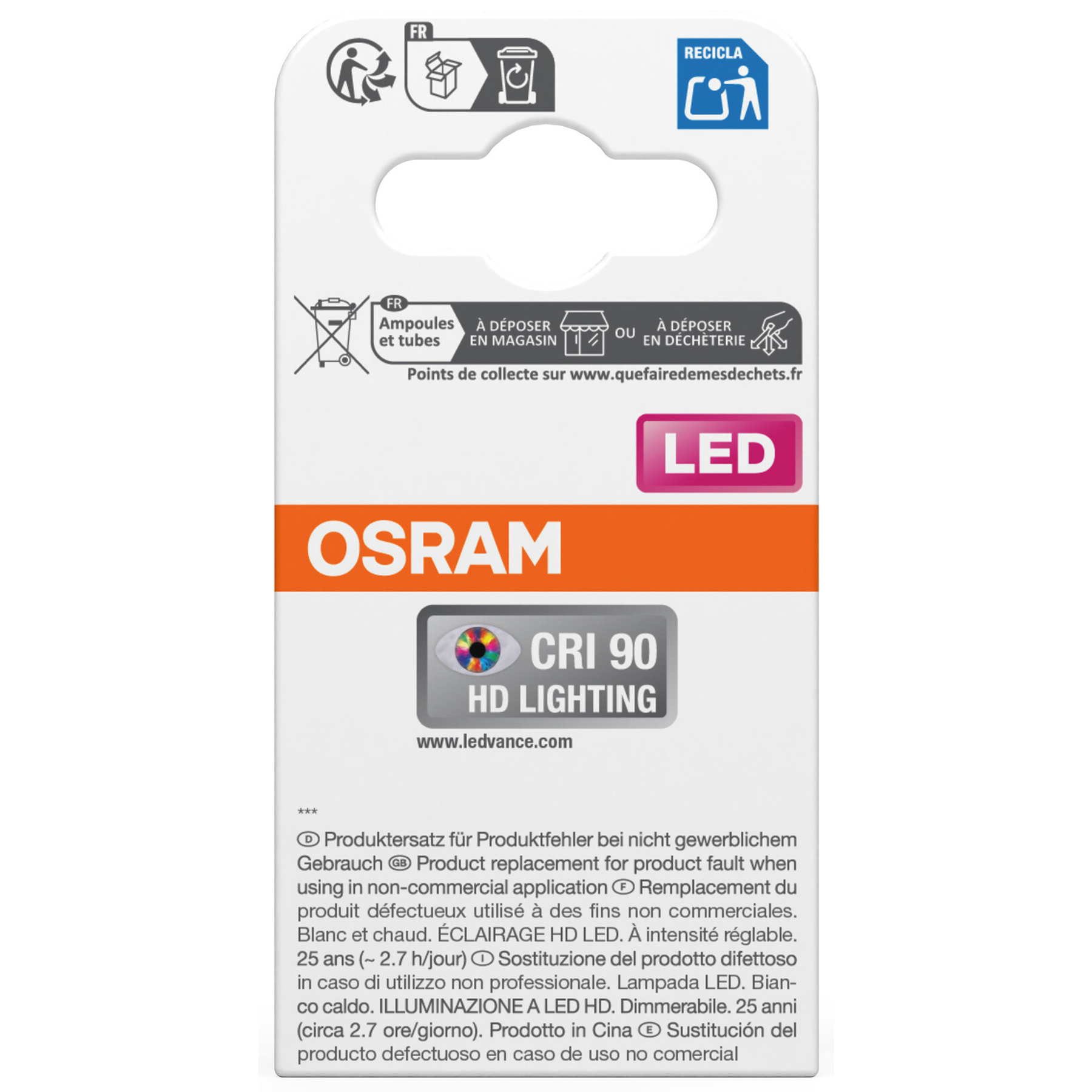Osram LED-Produktverpackung mit Markenname, Recycling-Symbolen, CRI 90 HD-Beleuchtungsdetails und mehrsprachigem Text.