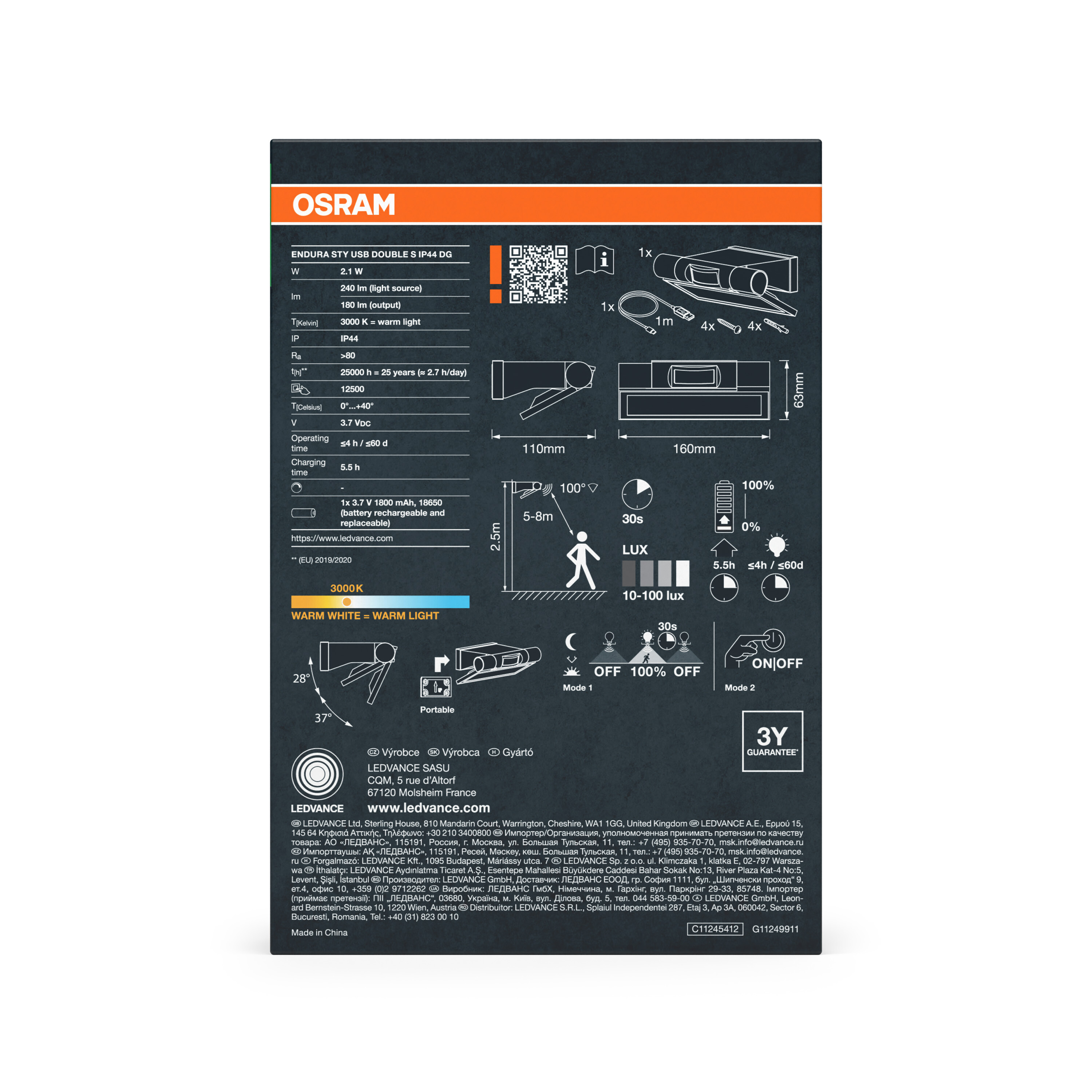 Technisches Datenblatt für Osram Endura Style USB Double Leuchte mit technischen Daten.