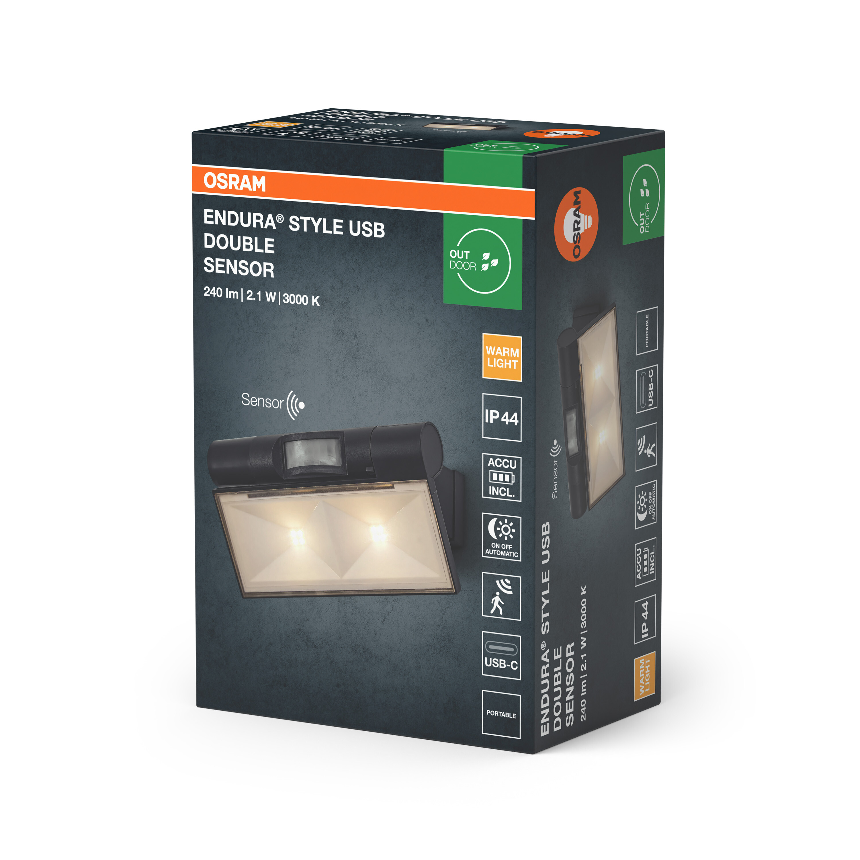 Verpackung der Osram Endura Style USB Double Sensor Außenleuchte mit integriertem Bewegungsmelder.