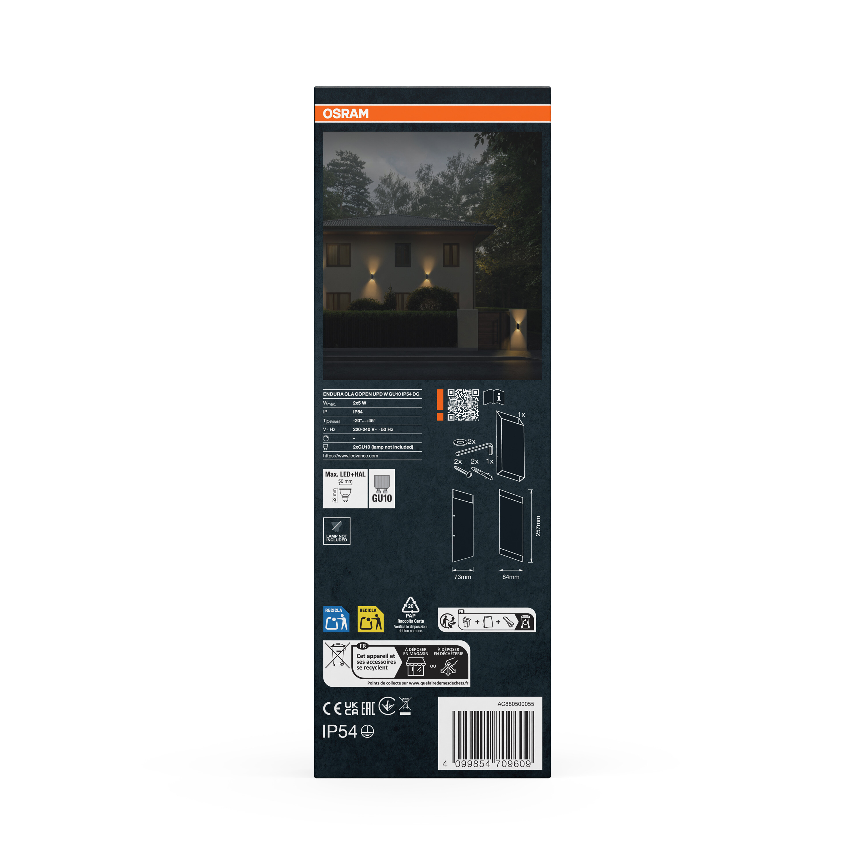 OSRAM Leuchtenverpackung mit technischen Daten, Montageanleitung und Produktabbildung.