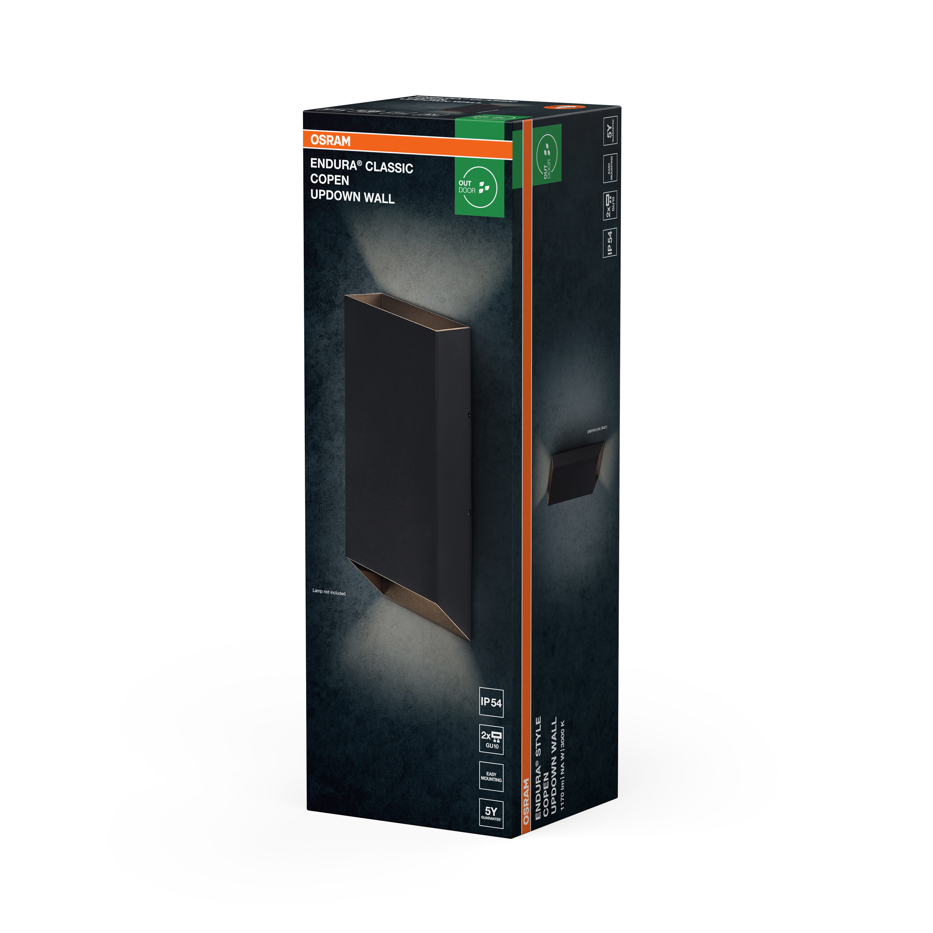 Verpackung der Osram Endura Classic Copen Updown Wandleuchte mit Abbildung der schwarzen Lampe.