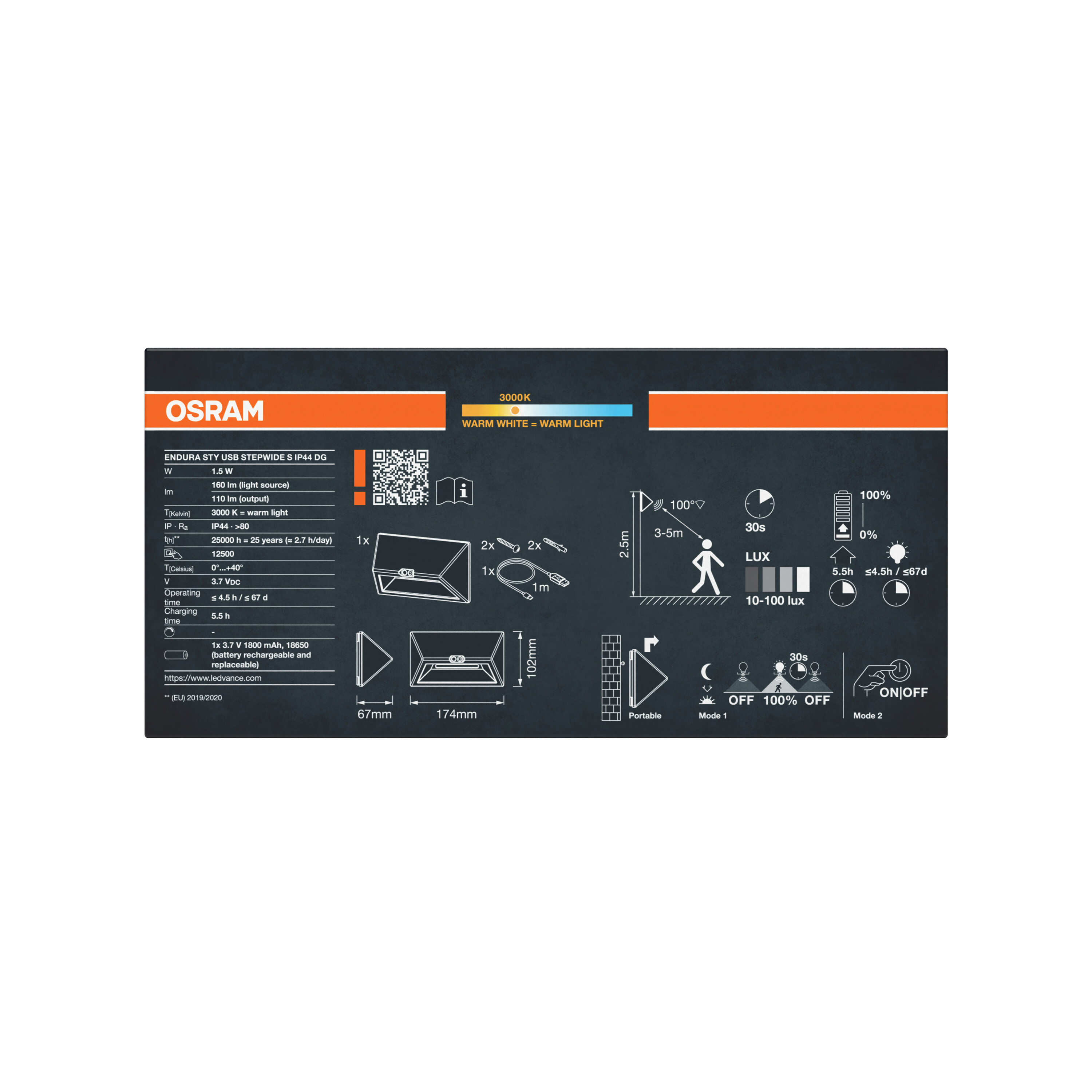Technisches Produktdatenblatt für Osram Endura Sty Usb Stepwide S IP44 DG mit technischen Details und Symbolen.