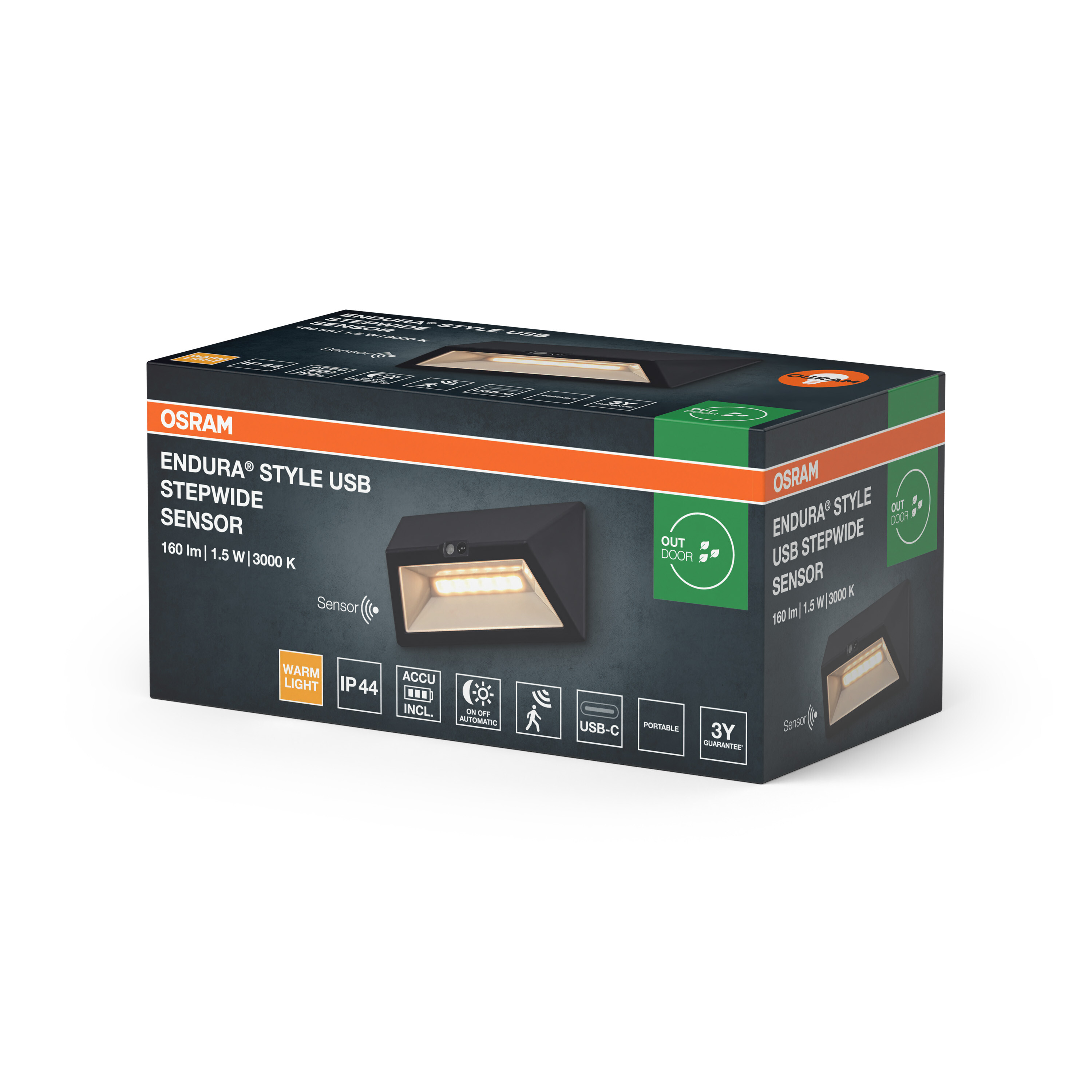 Verpackung der Osram Endura Style USB Stepwide Sensor Leuchte mit Produktabbildung und technischen Daten.