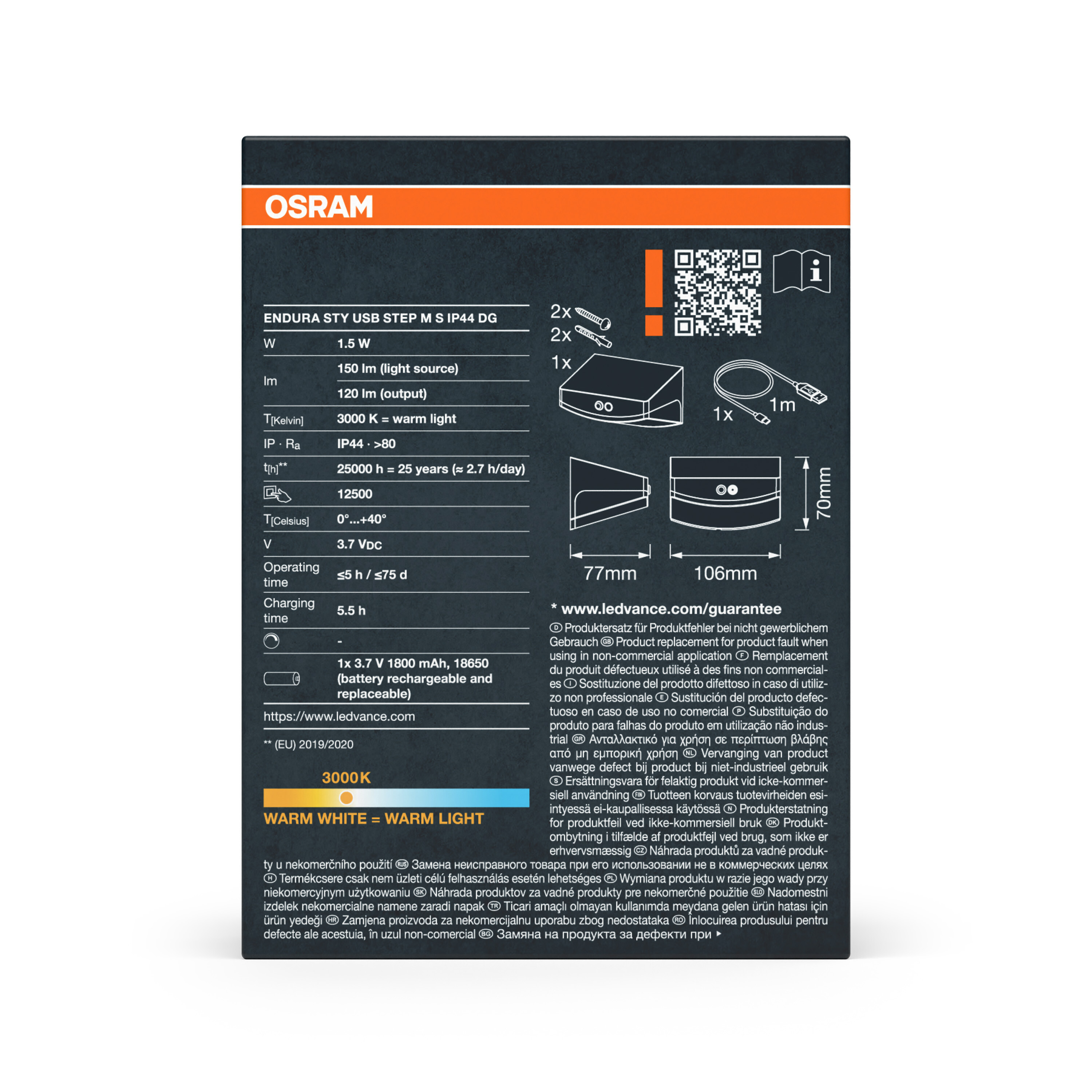 Osram LED-Leuchten-Verpackung mit Produktspezifikationen, Abmessungen und Zubehör.