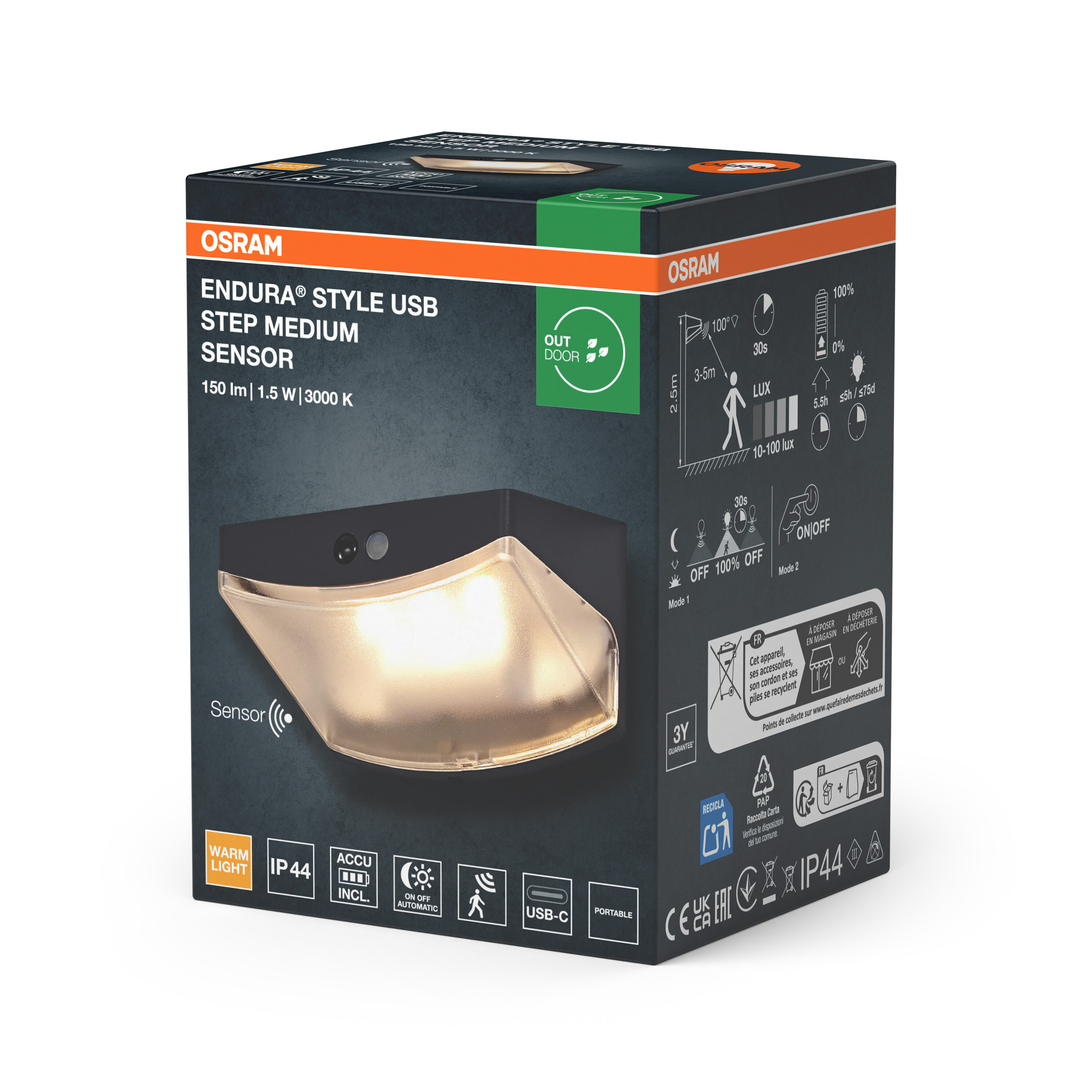 Verpackung der Osram Endura Style USB Step Medium Sensor Leuchte.