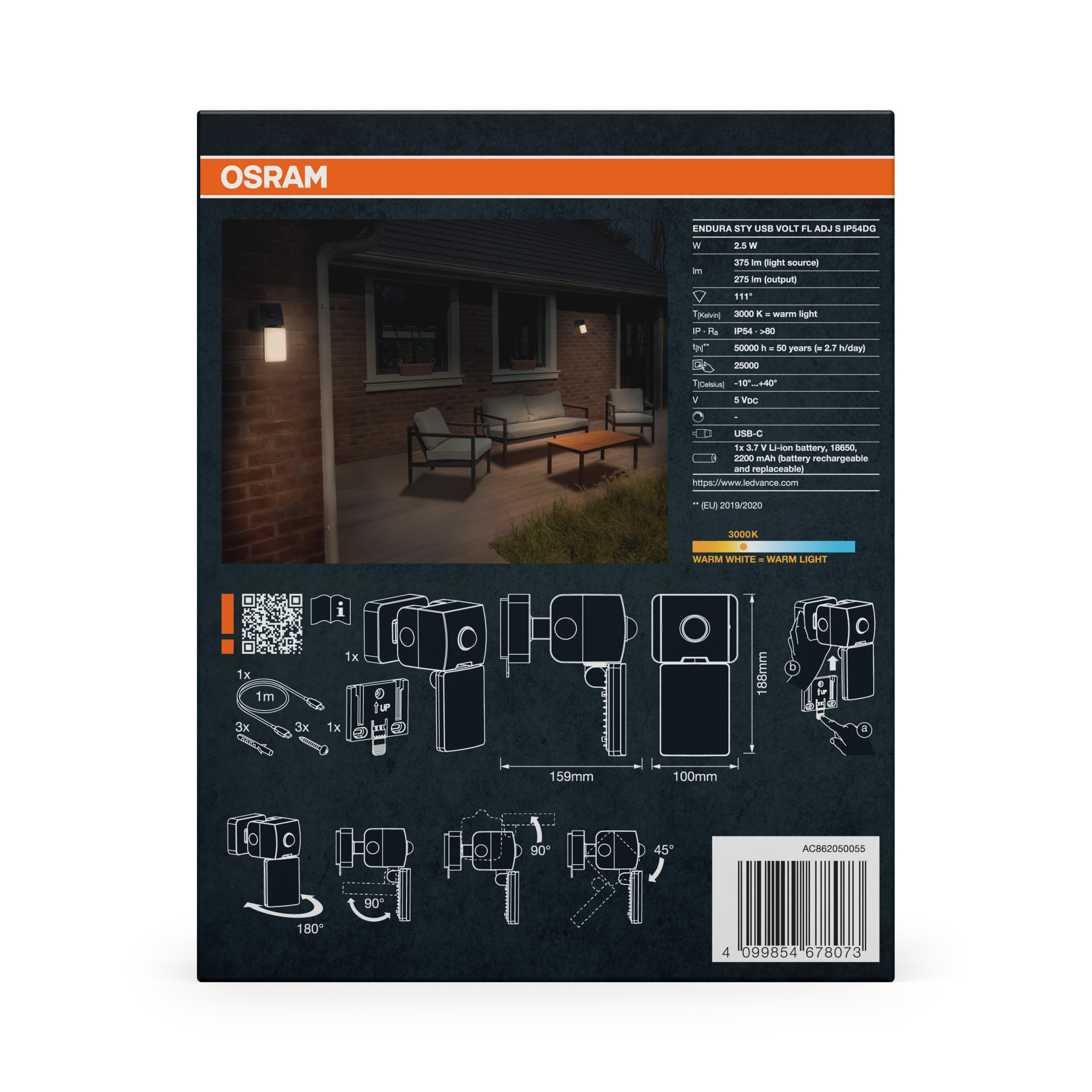 Osram LED-Lichtverpackung mit Spezifikationen, Terrassenbild und Installationsdiagrammen.