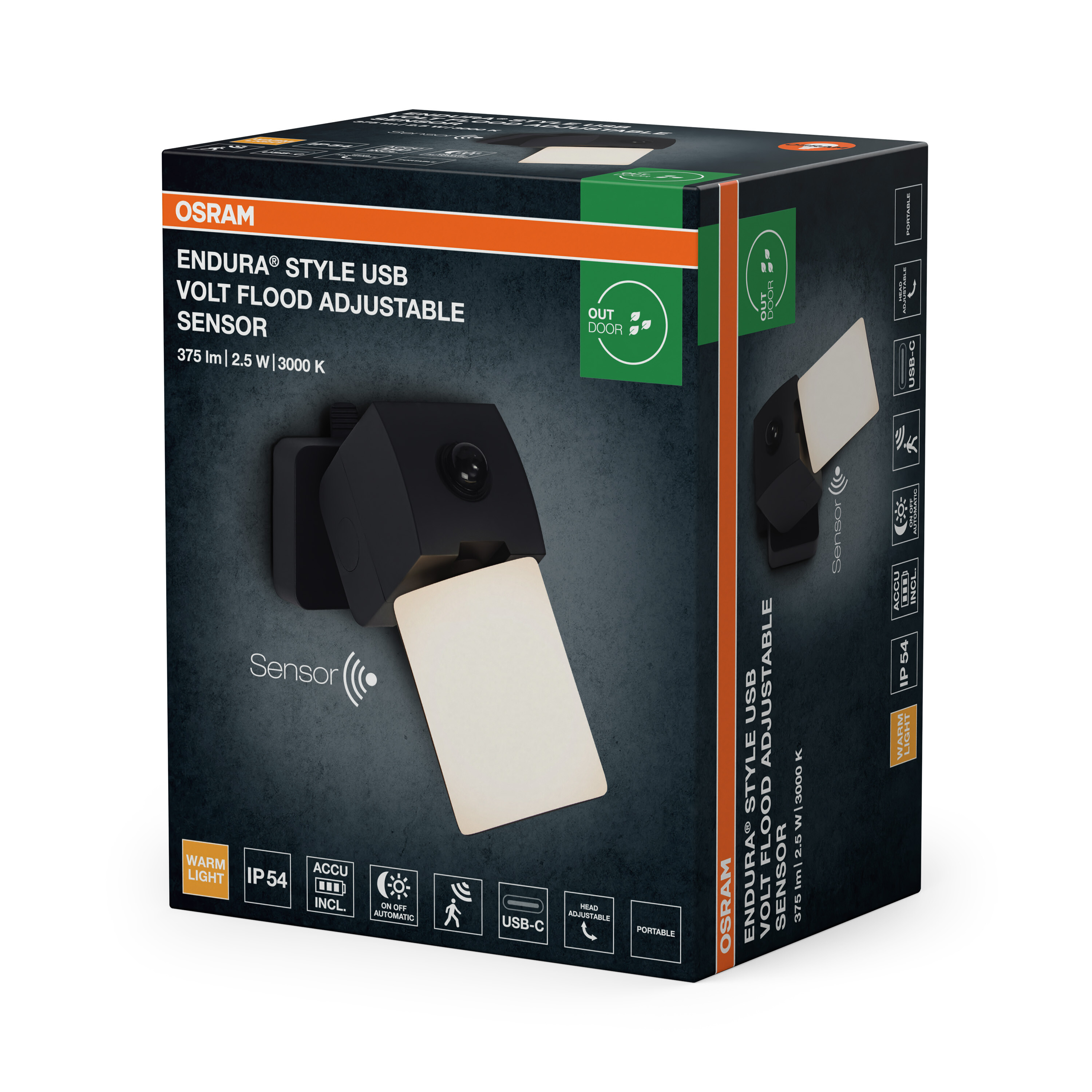 Osram Endura Style USB Volt Flood Sensor Verpackung mit Produktbild und technischen Daten.