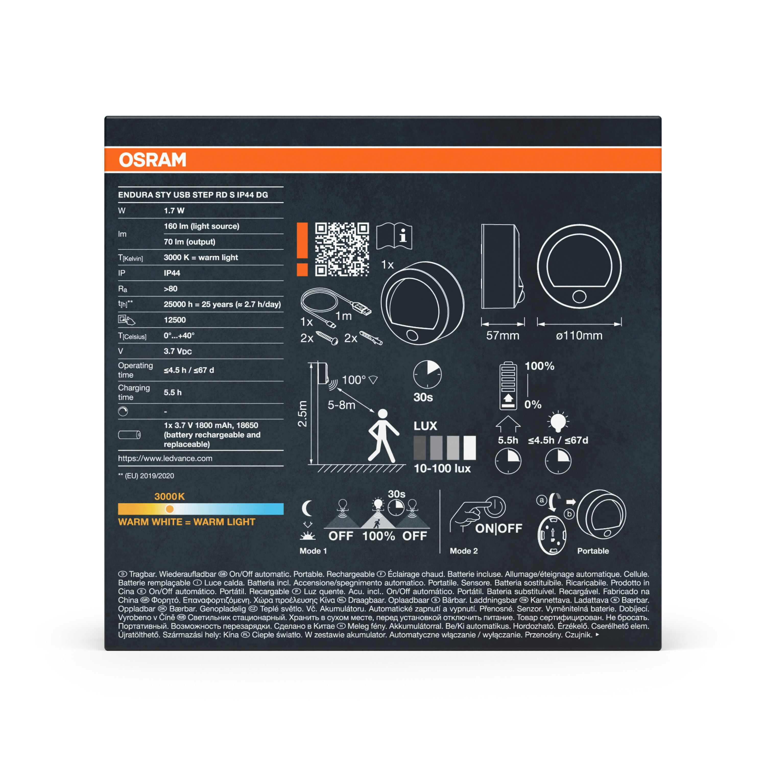Technische Produktdetails und Anleitung für eine Osram Endura LED-Leuchte auf dunklem Hintergrund.