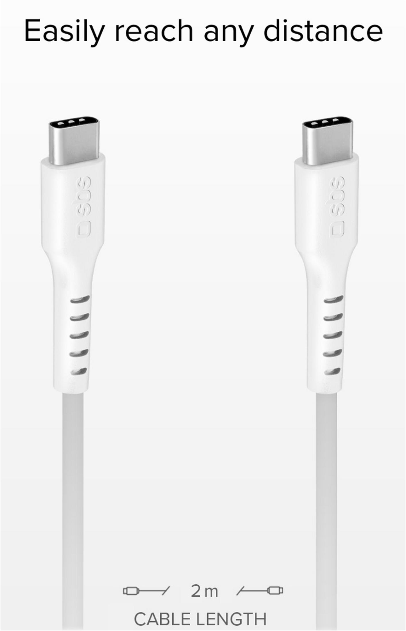 Dos extremos de cable USB-C blancos sobre un fondo blanco con texto de longitud de cable de 2m.
