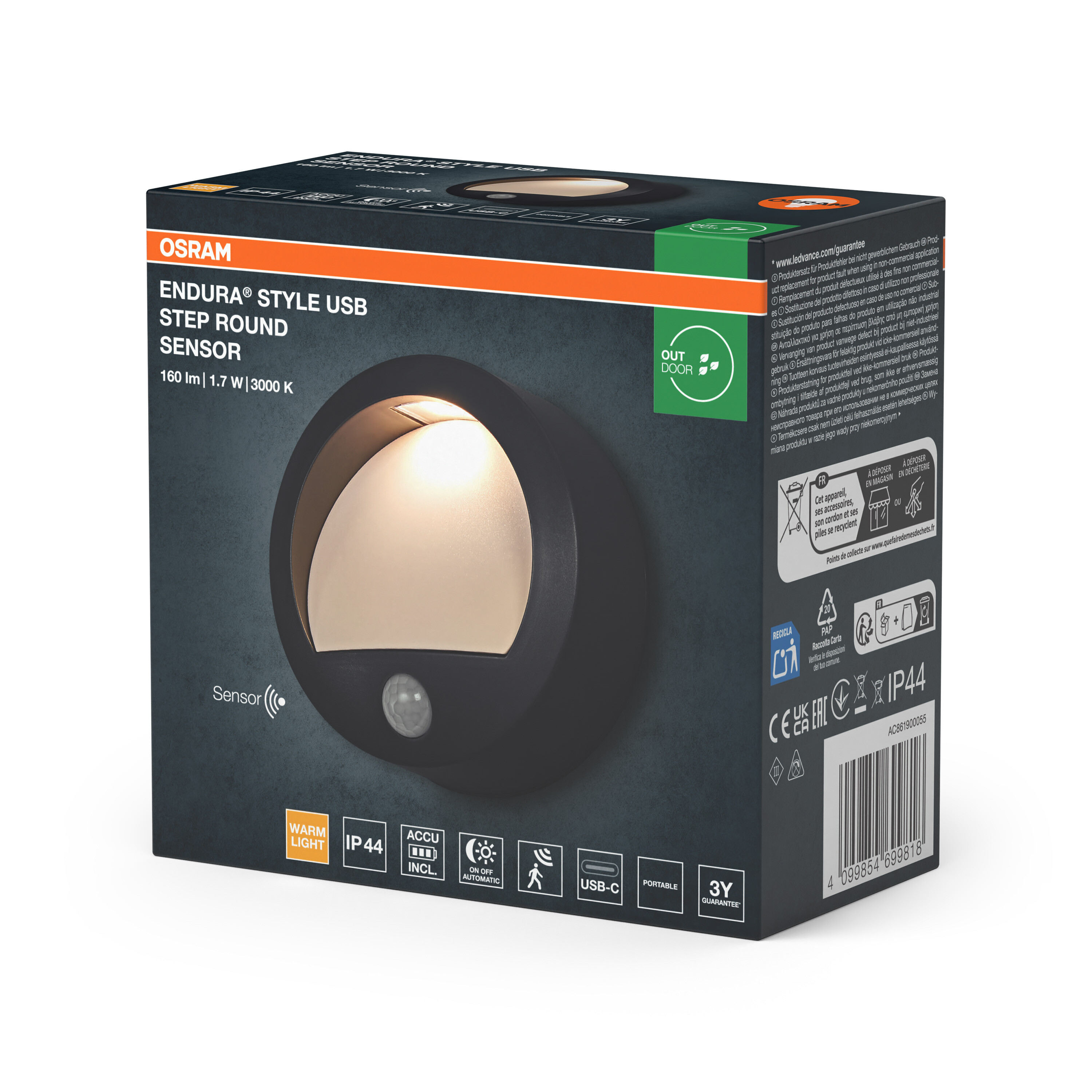 Verpackung der Osram Endura Style USB Step Round Sensor LED-Leuchte mit technischen Daten.