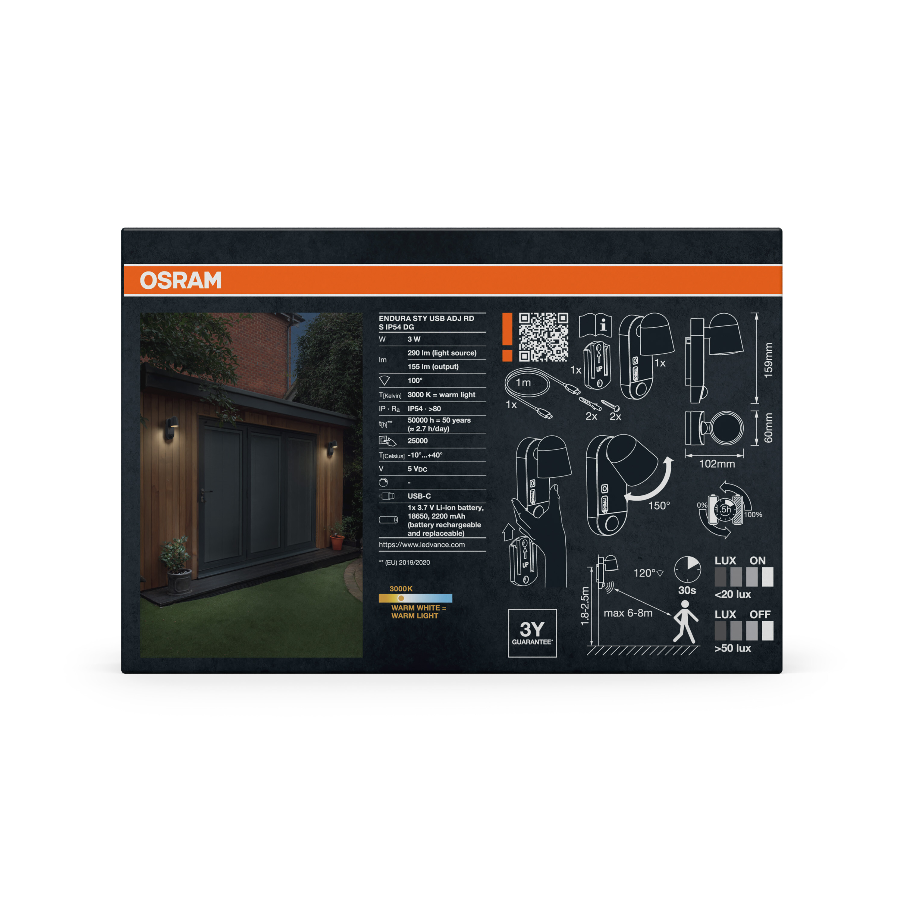 Osram LED-Leuchtenverpackung mit technischen Daten, Maßen und einem Bild eines beleuchteten Holz-Gartenhauses.