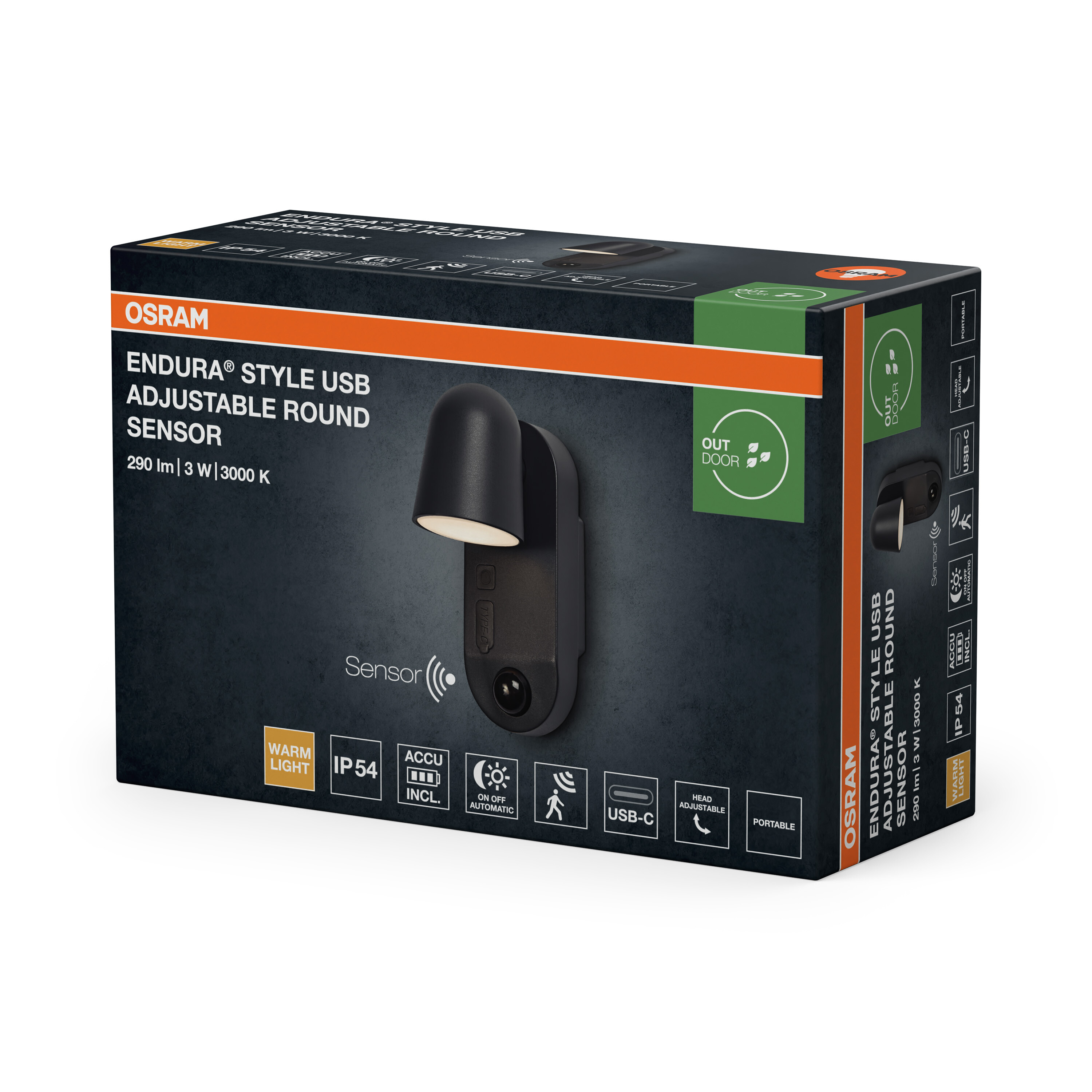 Verpackung für Osram Endura Style USB Adjustable Round Sensor Leuchte mit Produktbild und Symbolen.