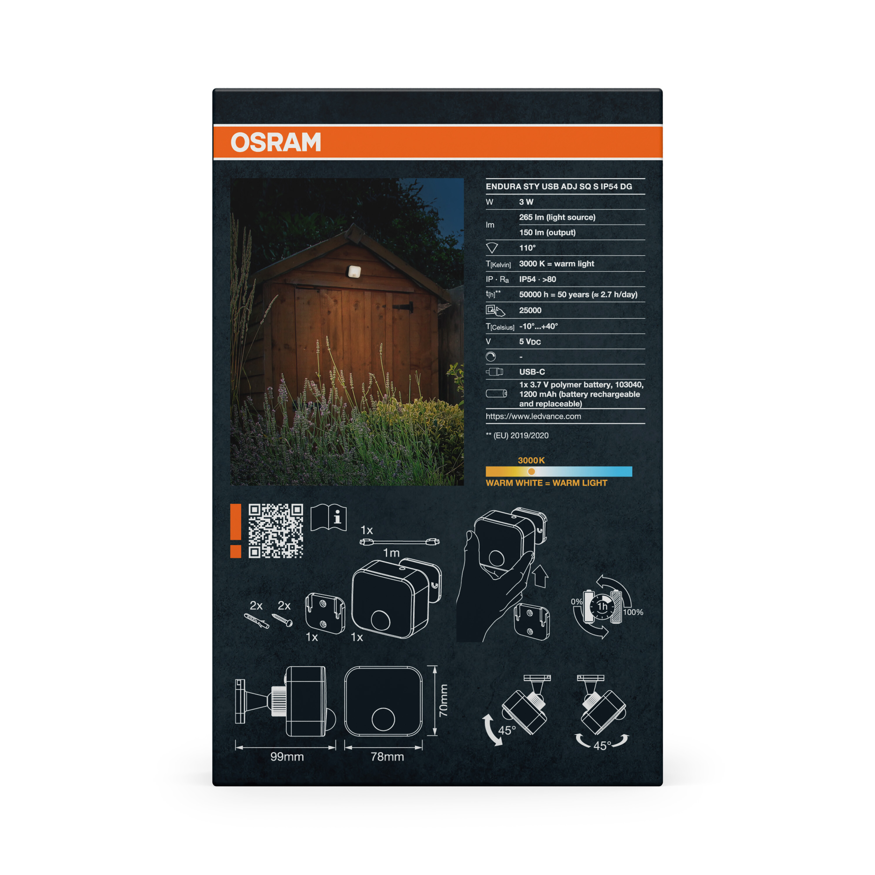 Osram LED-Leuchtenverpackung mit technischen Daten, Installationssymbolen, Abmessungen und Gartenhaus-Foto.