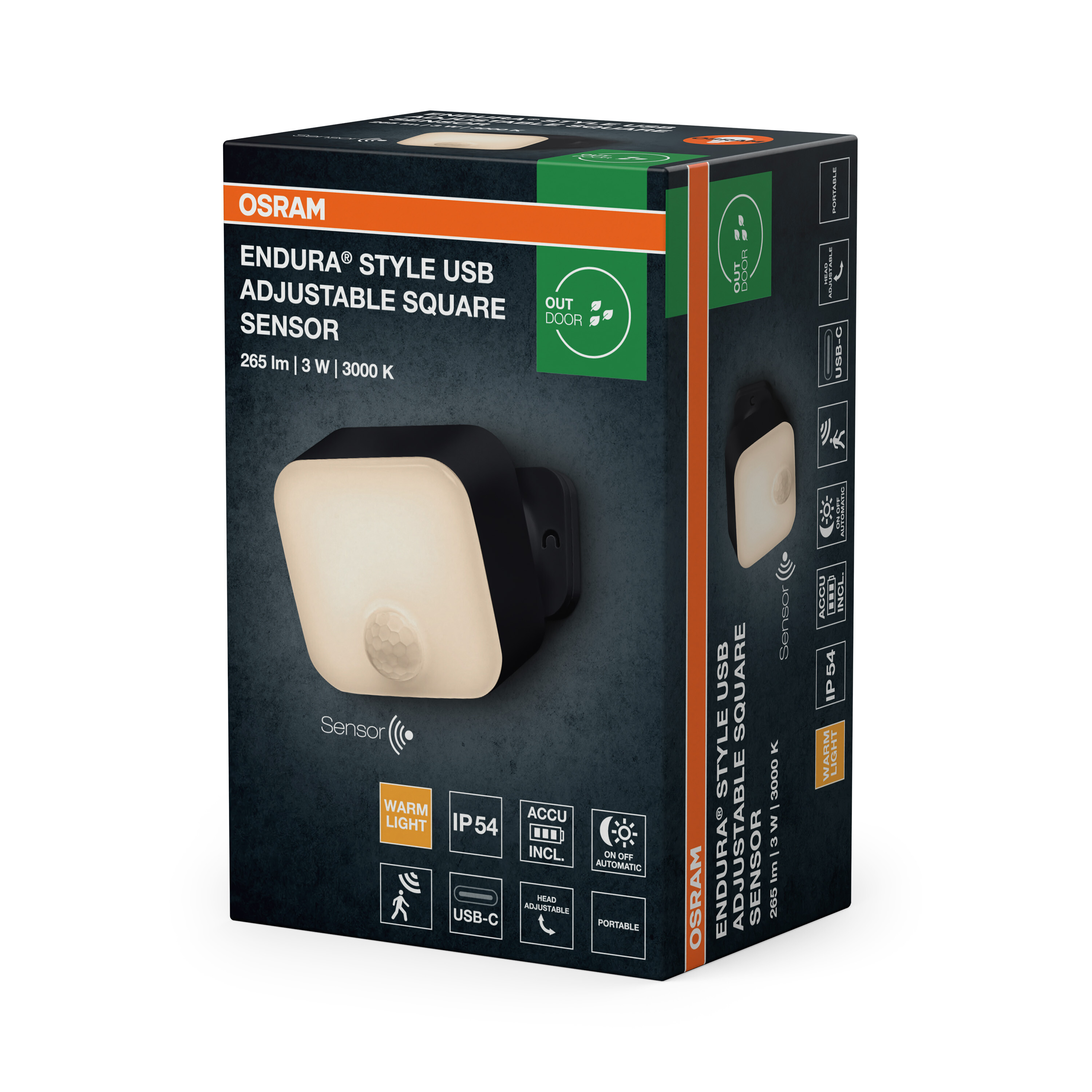 Osram Endura Style USB verstellbare quadratische Sensorleuchte Box mit Produktbild und Symbolen.