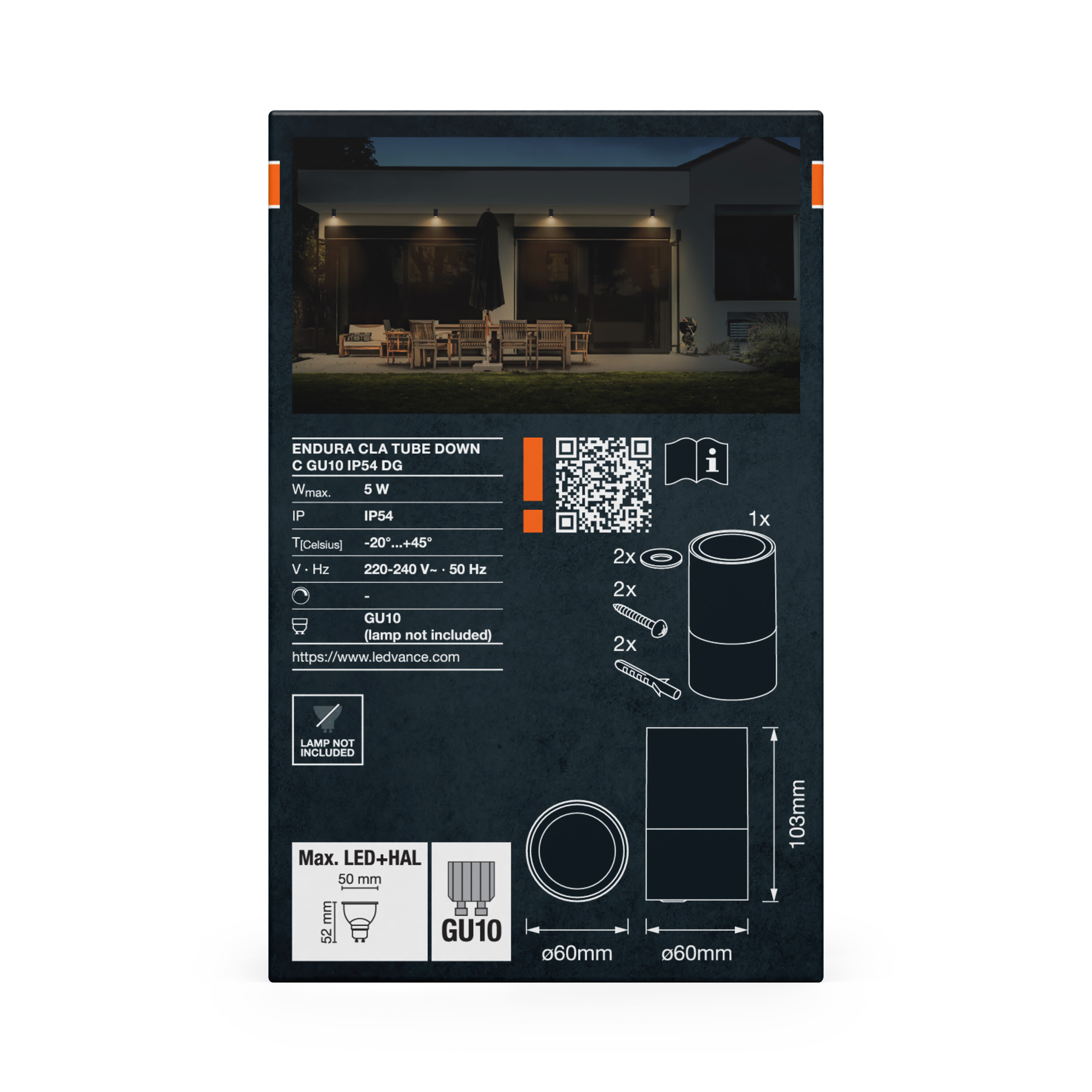 Produktverpackung einer LED-Wandleuchte mit technischen Daten, Abmessungen und Anwendungsbild.