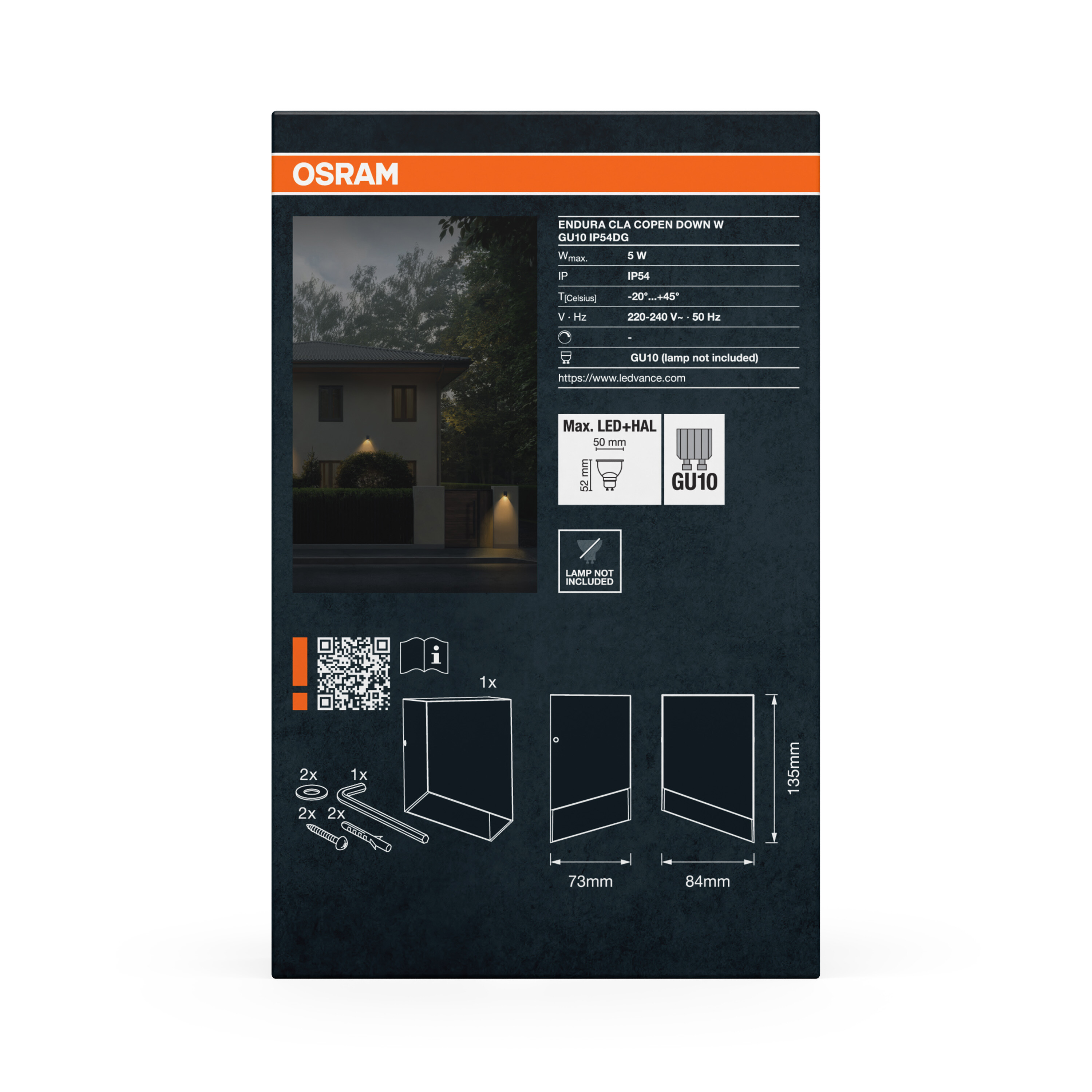 Osram Endura Lampenverpackung mit technischen Details, Maßzeichnungen und Installationszubehör.