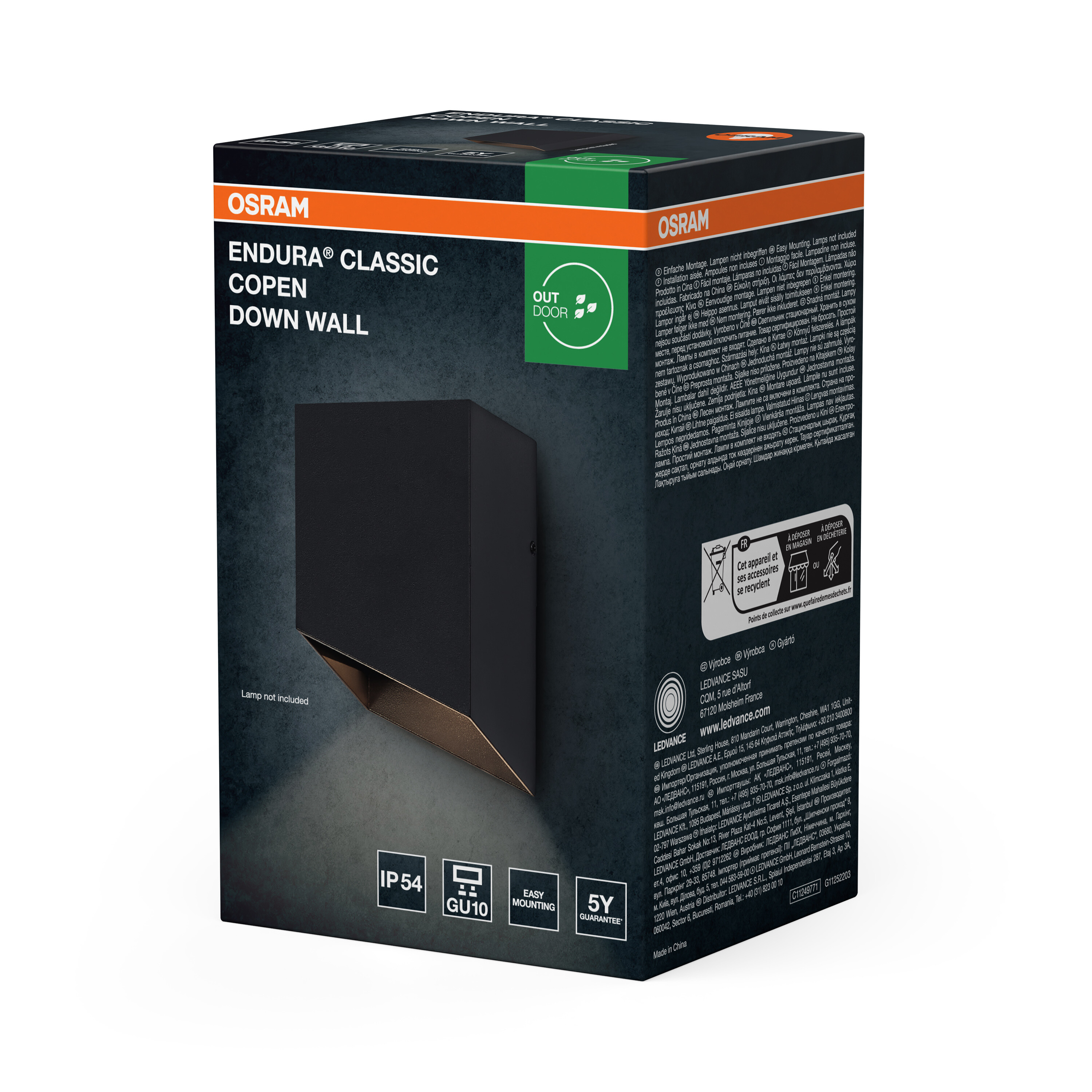 Verpackung der Osram Endura Classic Copen Down Wall Außenleuchte mit schwarzem Gehäuse und technischen Details.