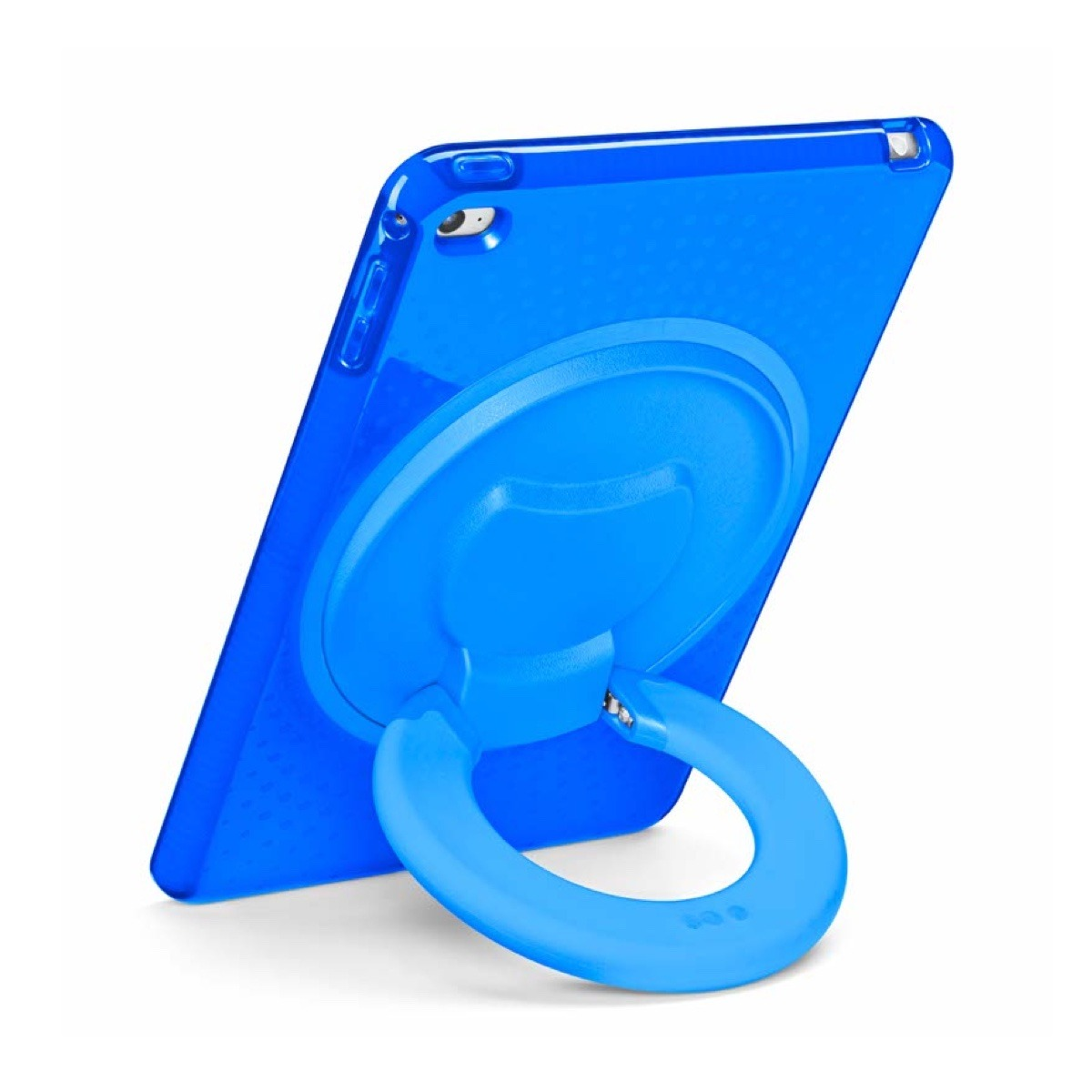 Ein blaues Tablet in einer Hülle mit integriertem runden Ringständer, von hinten auf weißem Hintergrund.