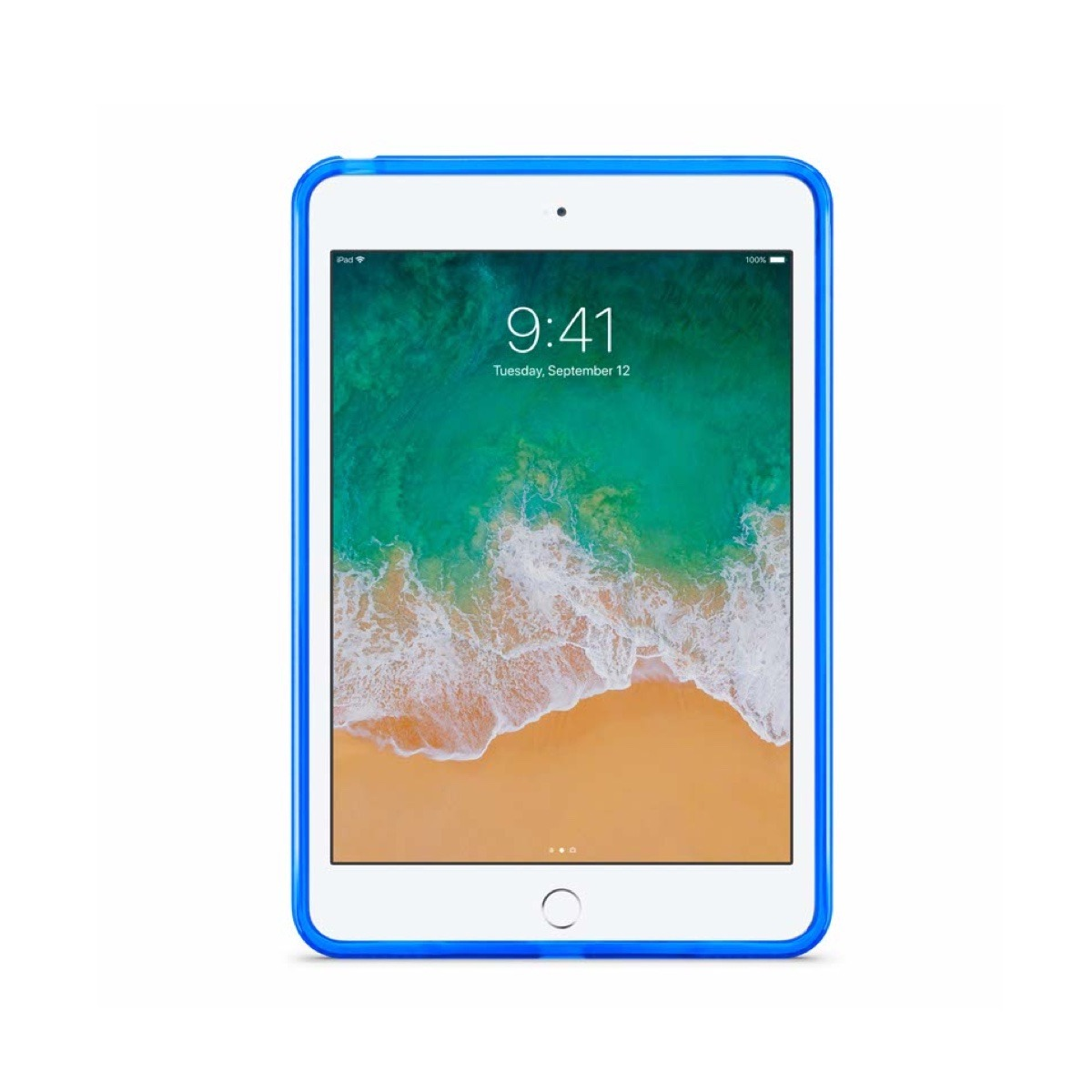 Ein weißes Tablet mit blauer Hülle zeigt ein Strand-Hintergrundbild.