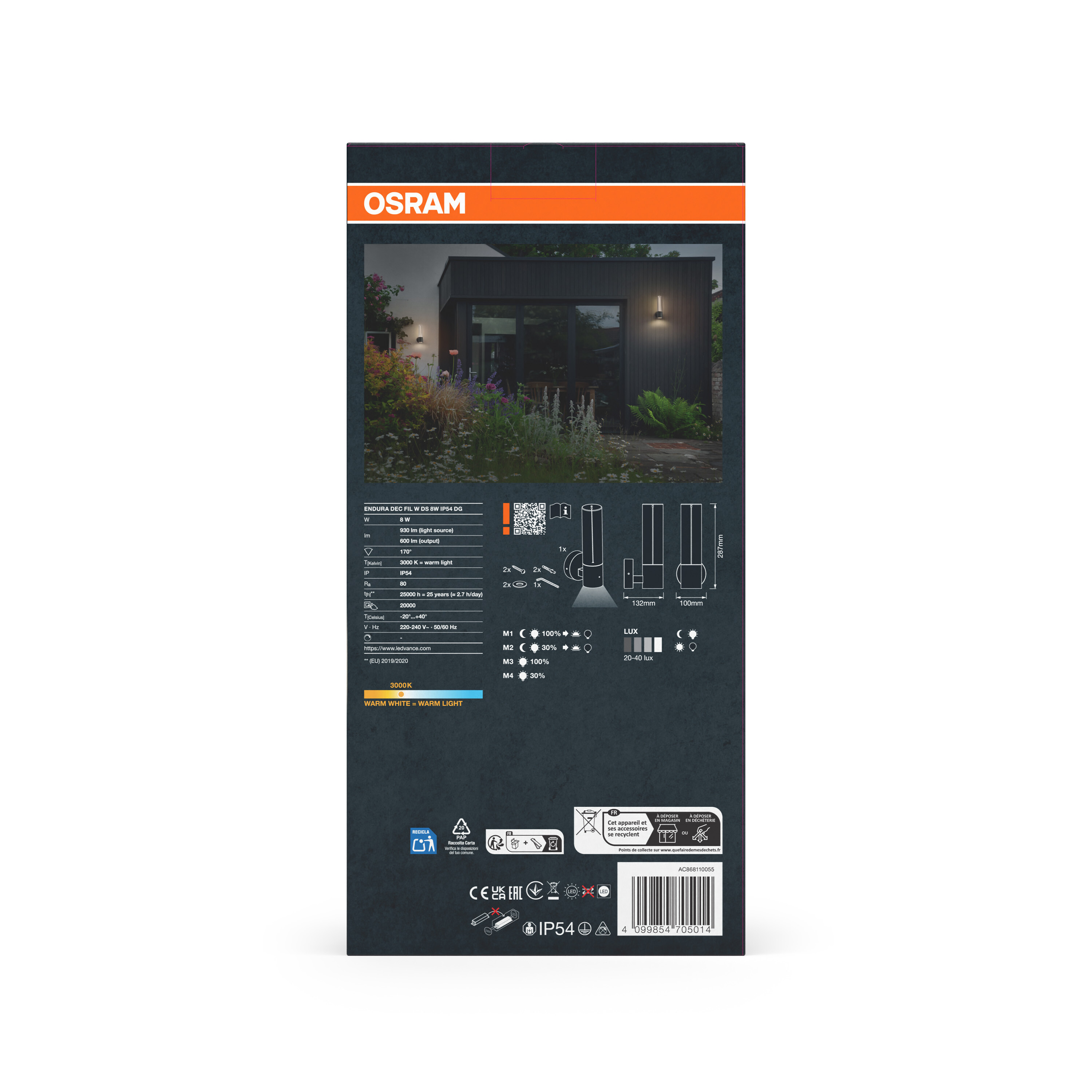 Osram-Verpackung für eine LED-Außenleuchte mit technischen Daten, Maßen und Anwendungsbeispiel.