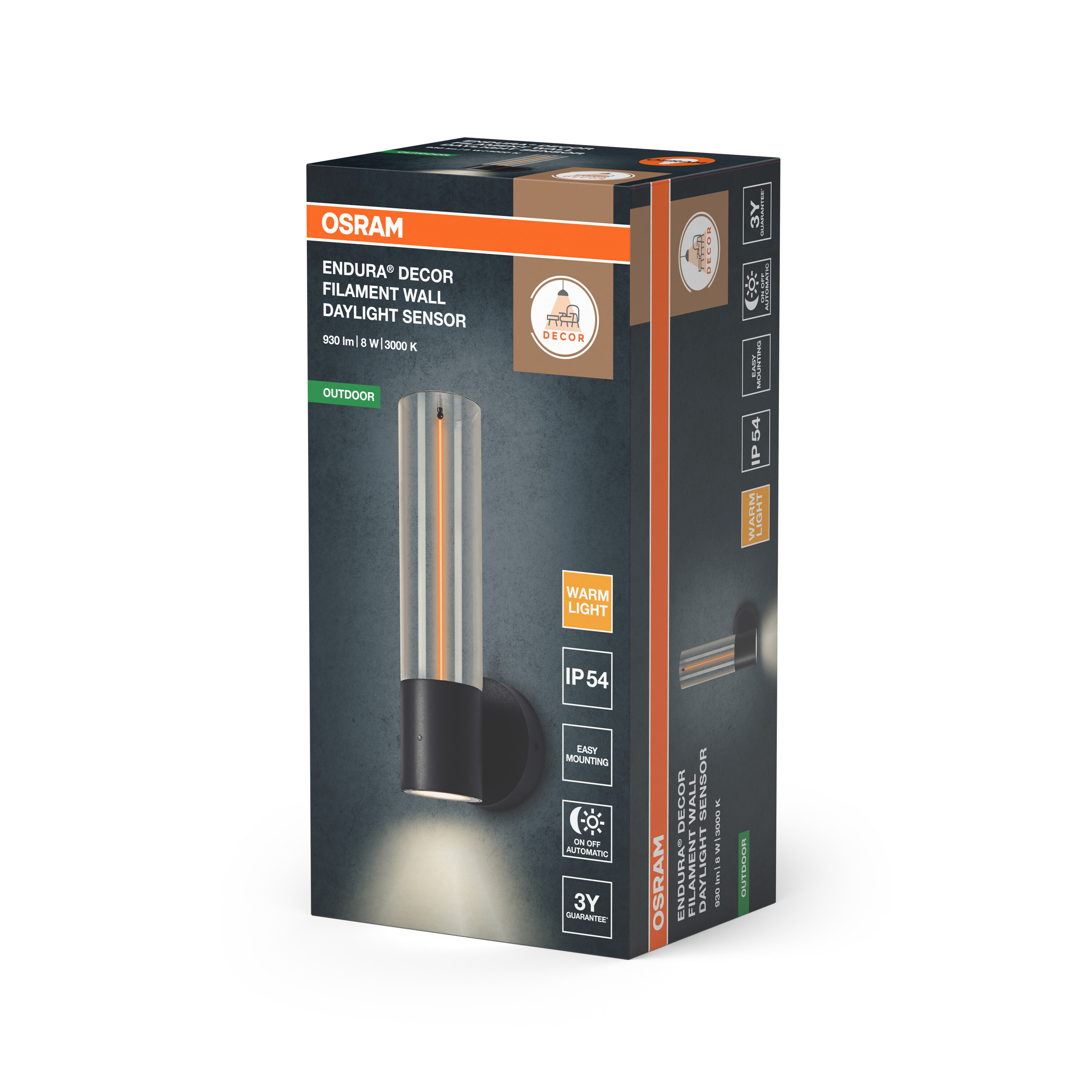 Verpackungskarton der Osram Endura Decor LED-Wandleuchte mit Tageslichtsensor und Produktbild.