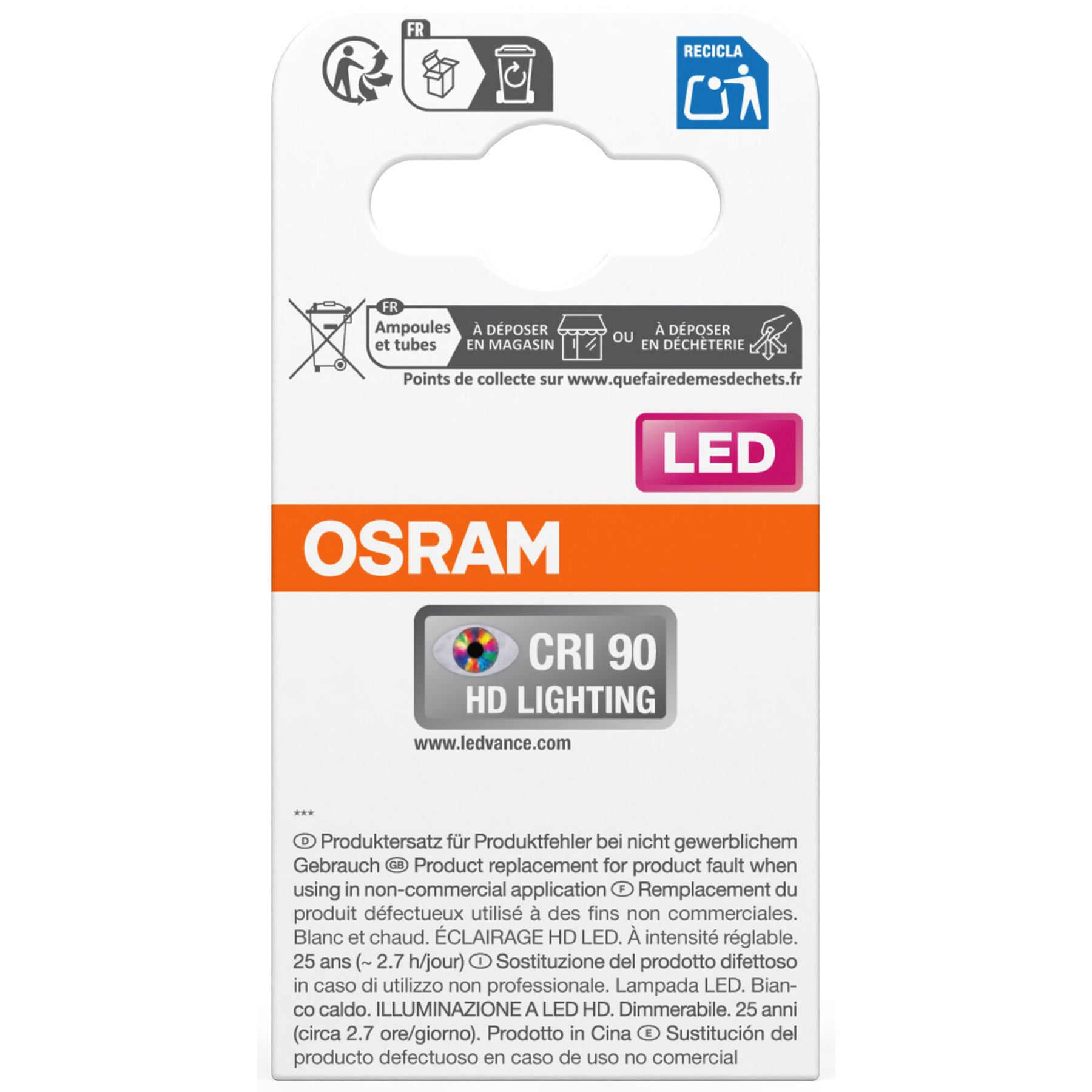 Osram LED-Glühbirnenverpackung mit Recycling-Symbolen, orangem Markenzeichen und mehrsprachigem Text.