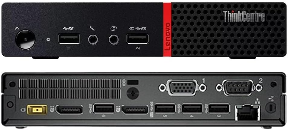 Vorder- und Rückseite eines schwarzen Lenovo ThinkCentre Mini-PCs mit Anschlüssen und Lüftungsschlitzen.
