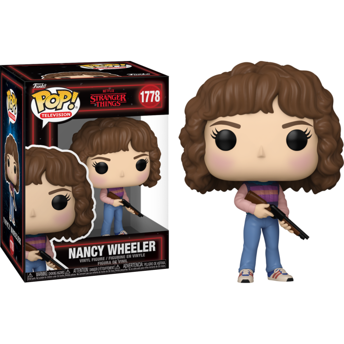 Una figura de vinilo Funko Pop de Nancy Wheeler de Stranger Things con escopeta, junto a su caja.