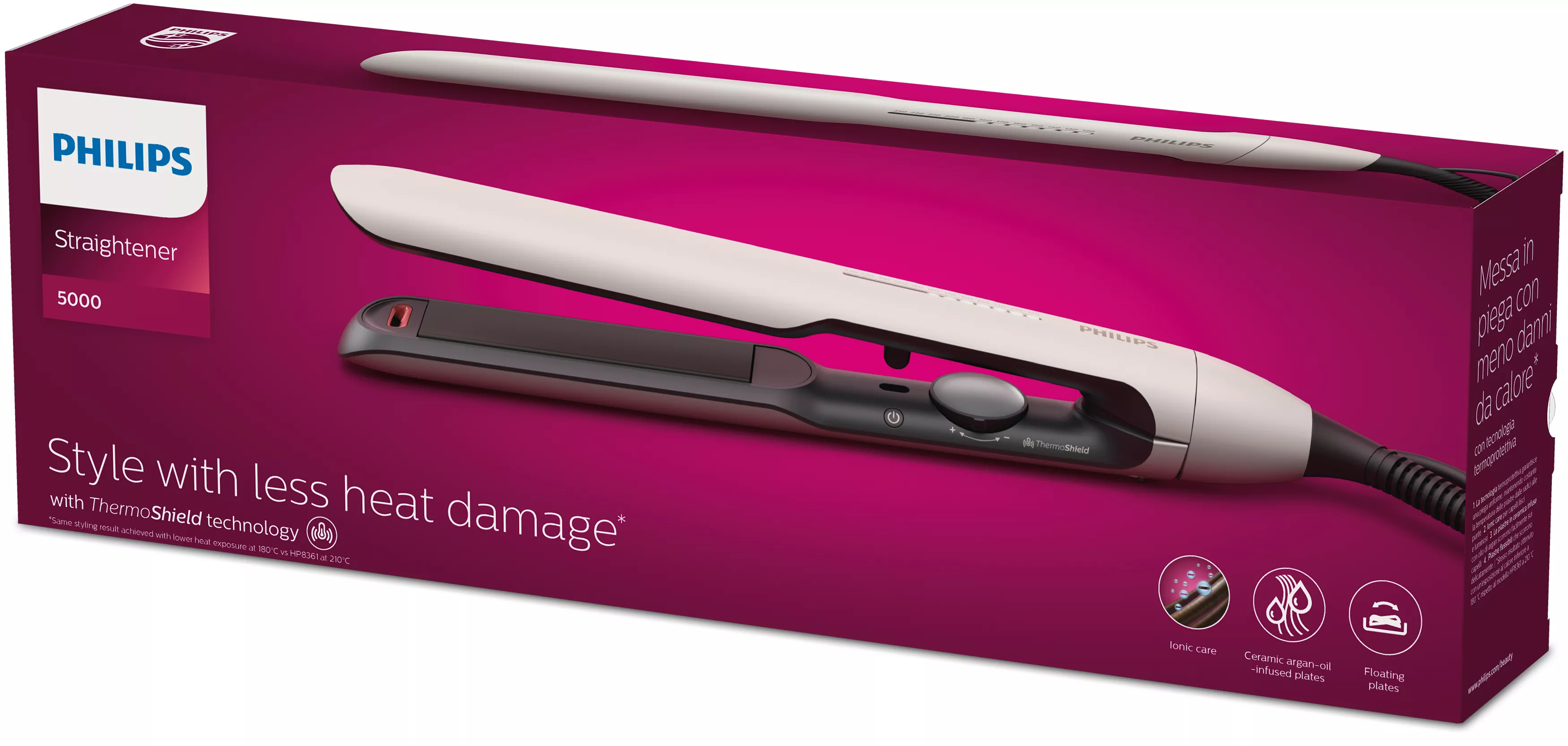 Philips 5000 Haarstyler in violetter Verpackung mit ThermoShield-Technologie.