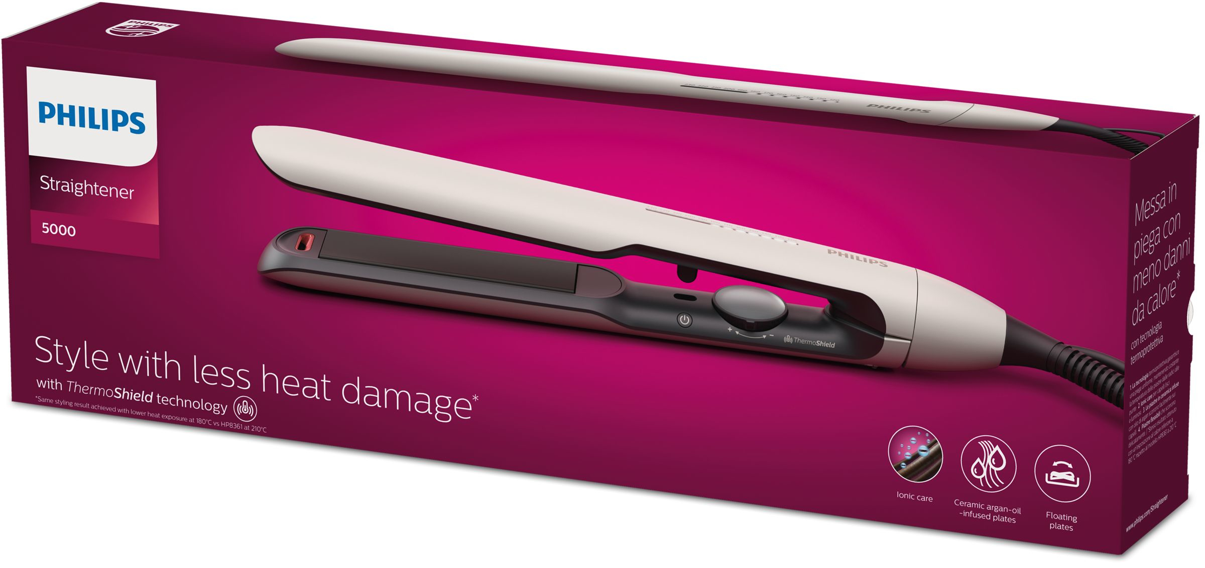 Eine rosa Philips Haarglätter-Schachtel zeigt das weiß-dunkelgraue Glätteisen mit ThermoShield-Text.