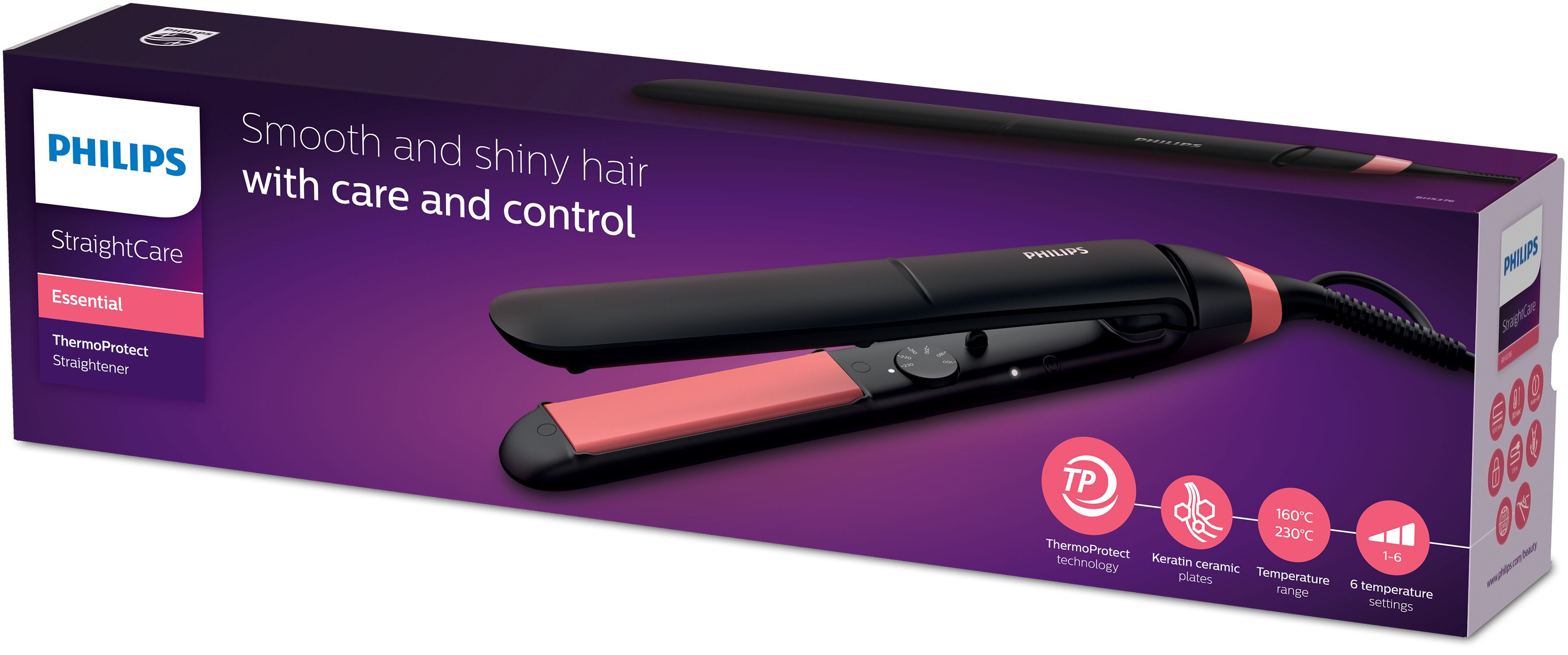 Lila-weiße Philips StraightCare Essential Haarglätter Verpackung mit Bild des schwarzen Geräts.