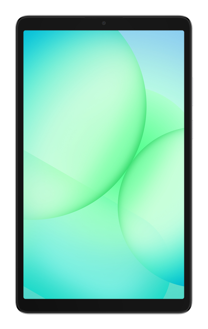 Ein Tablet mit schwarzem Rahmen zeigt einen hellgrünen, abstrakten Hintergrund.
