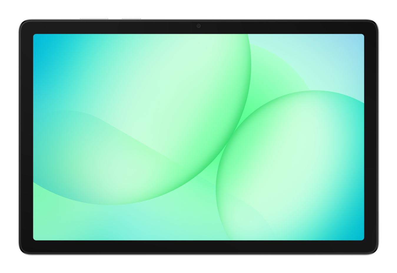 Tablet z jasnoniebieskim i zielonym abstrakcyjnym tłem na ekranie.